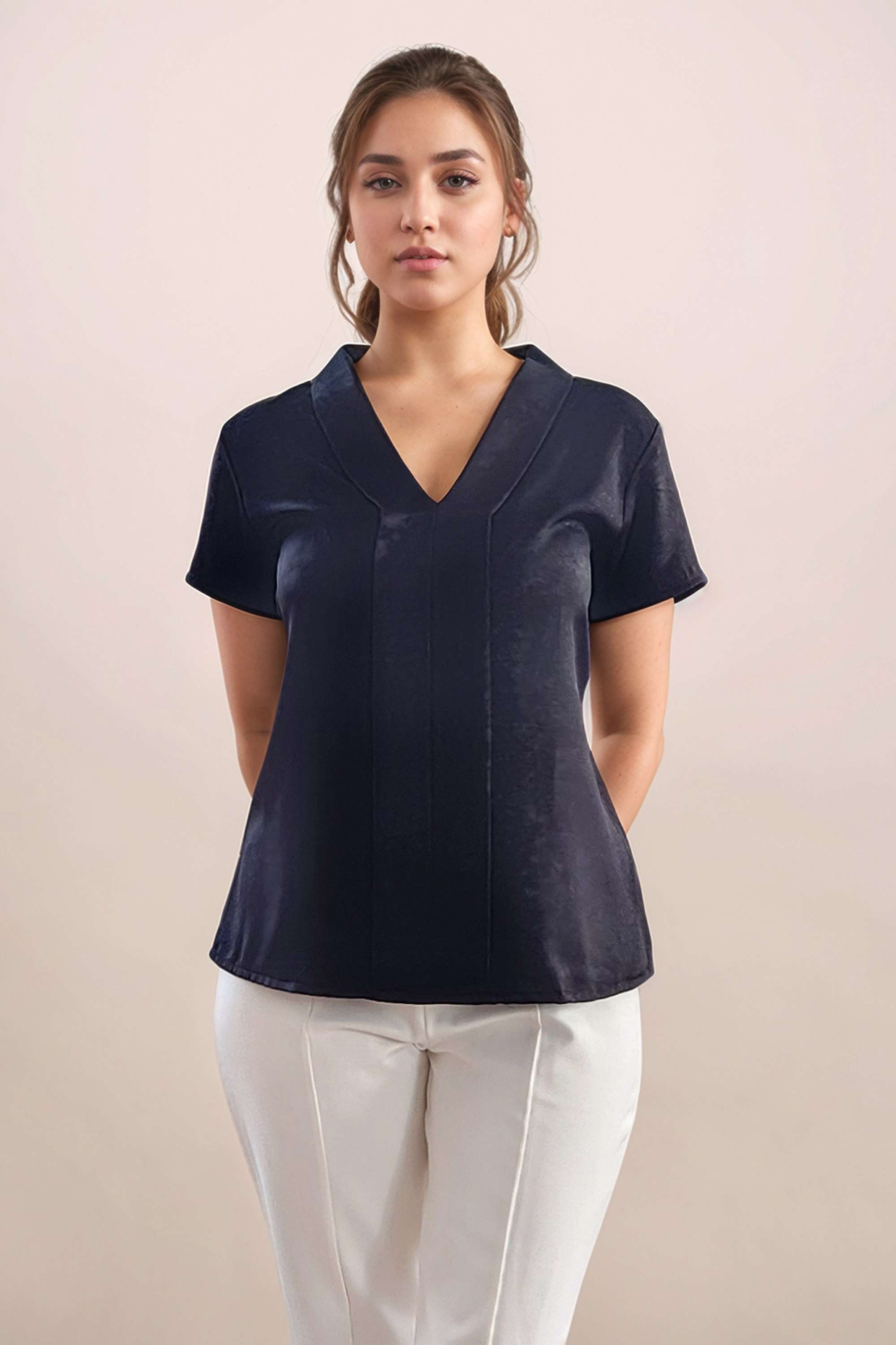 Textured-Polyester-V-Neck-Women-s-Top