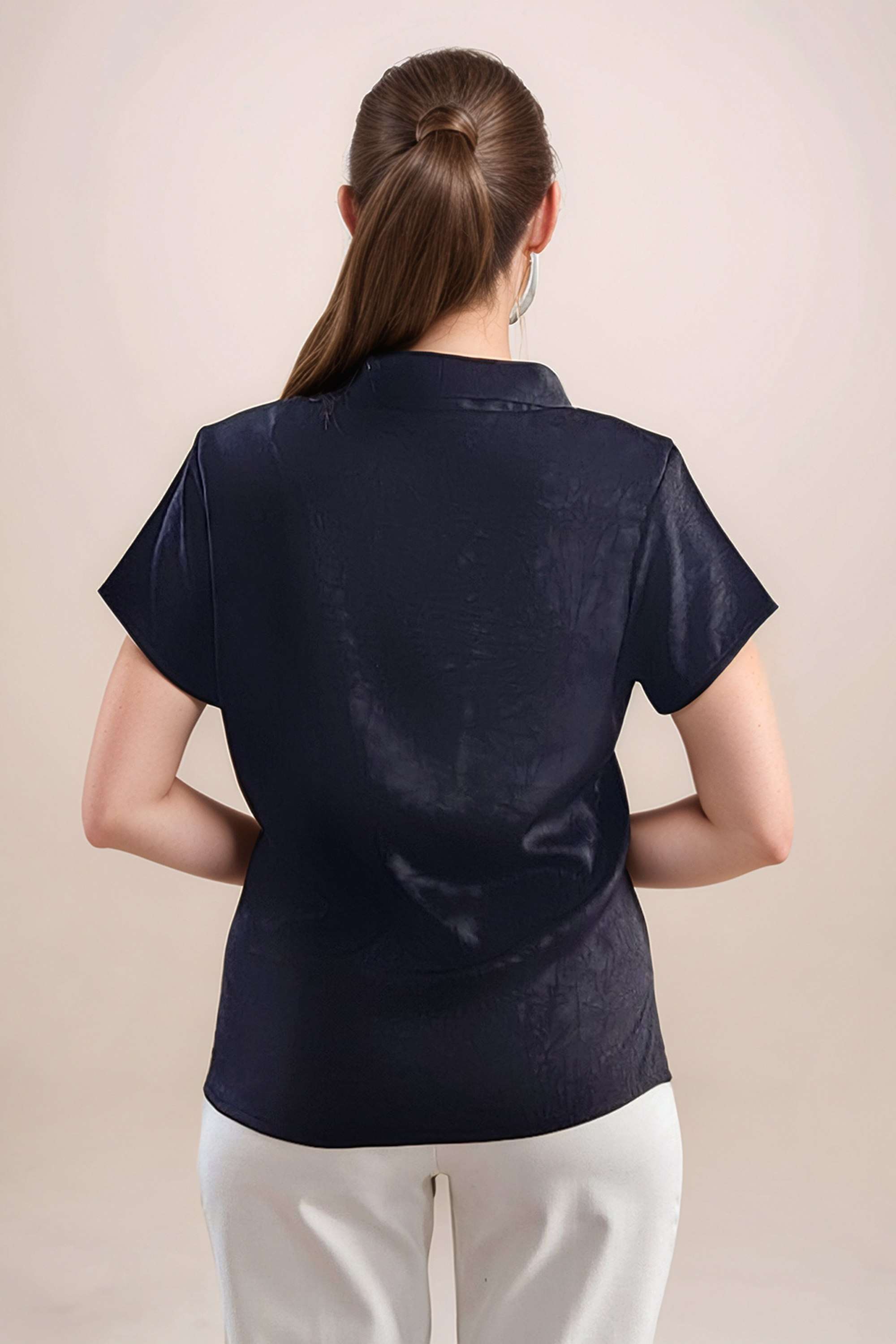 Textured-Polyester-V-Neck-Women-s-Top