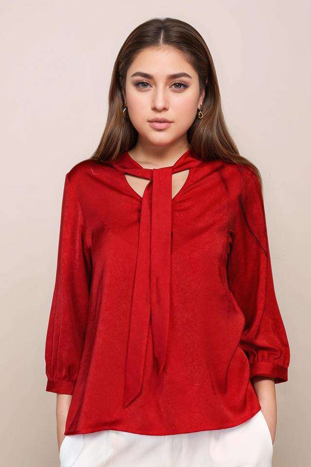 Solid-Polyester-Tie-Up-Neck-Womens--Top