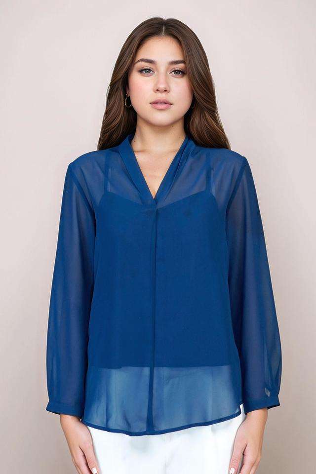 Solid-Polyester-V-Neck-Womens--Top