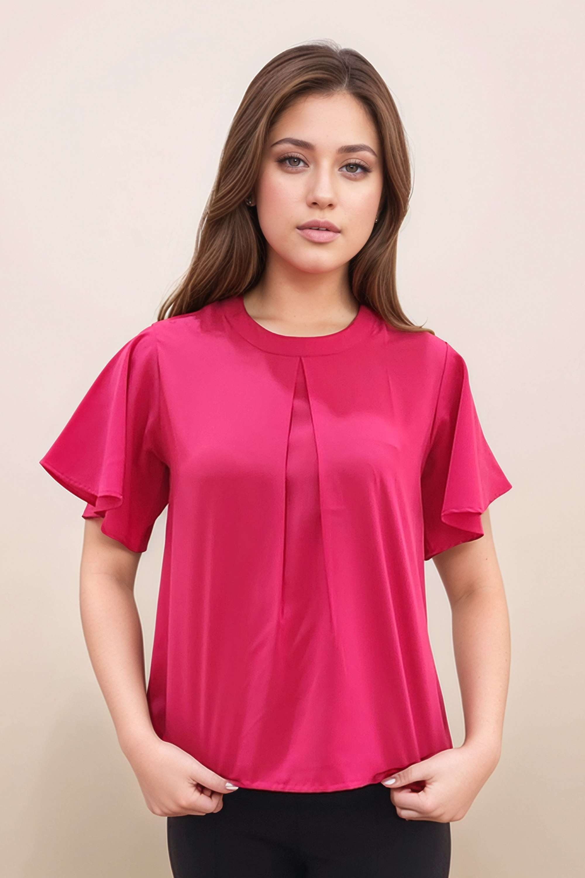 Solid-Polyester-Round-Neck-Women-s-Top