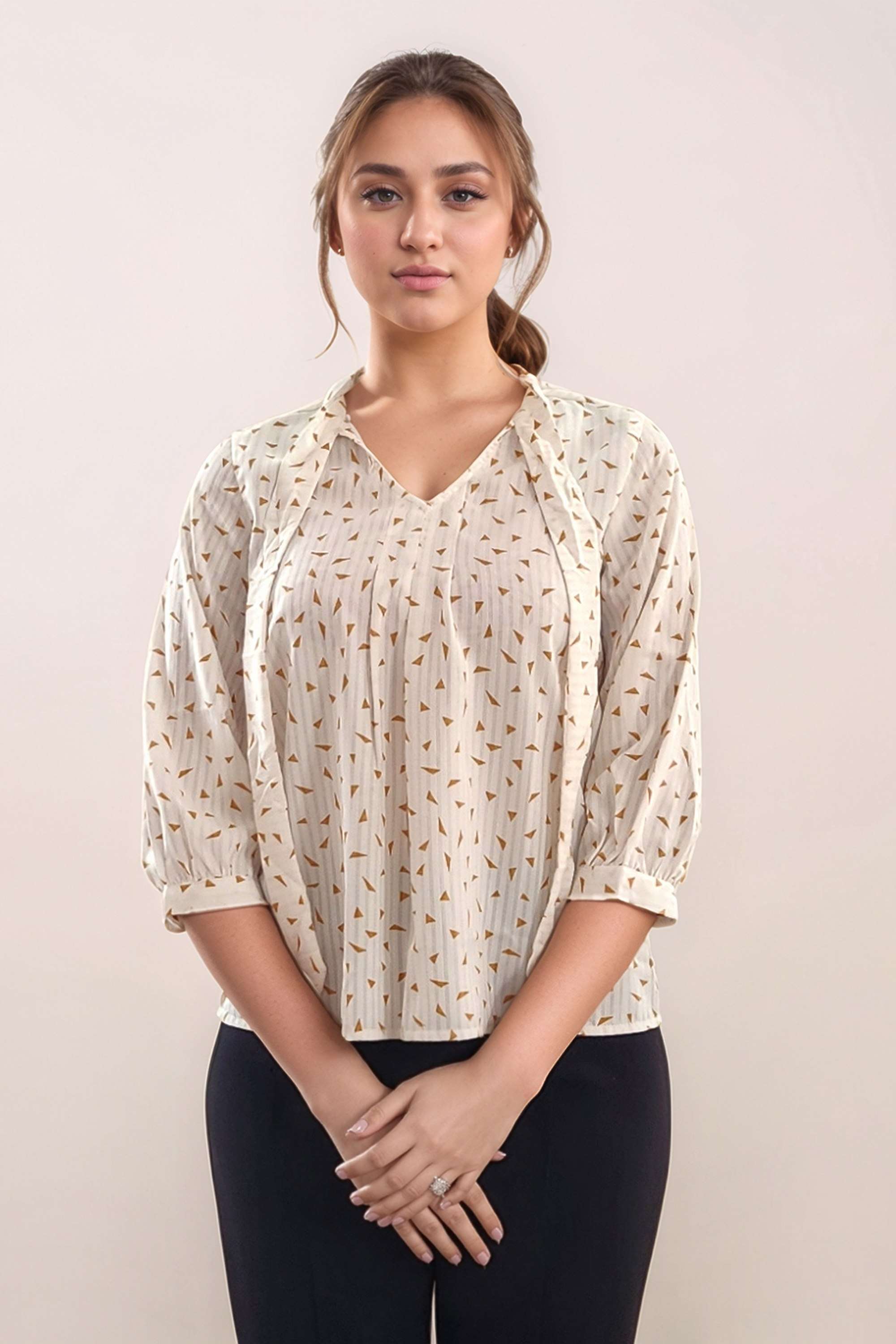 Abstract-Polyester-Tie-Up-Neck-Women-s-Top