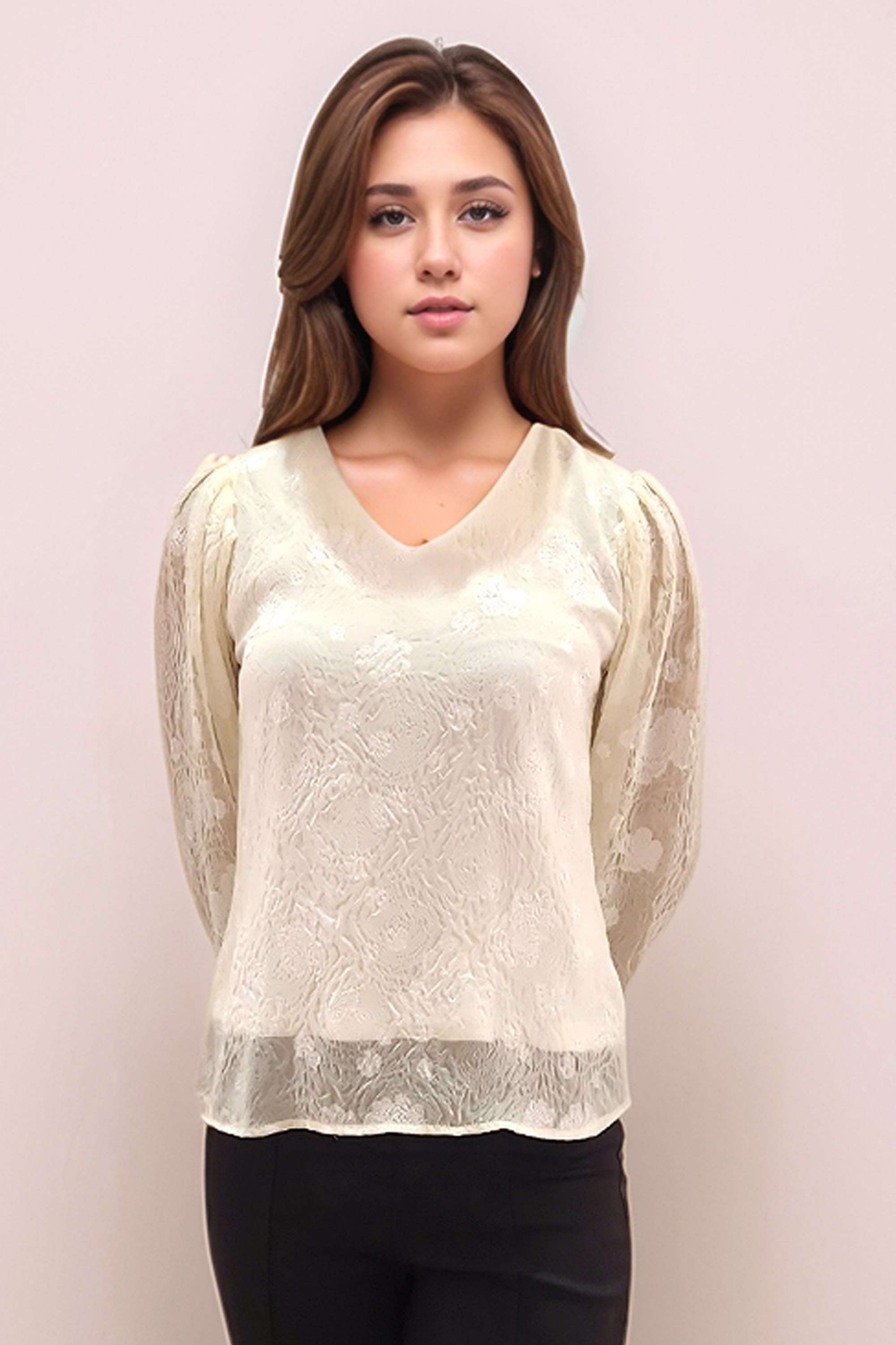 Floral-Polyester-V-Neck-Women-s-Top