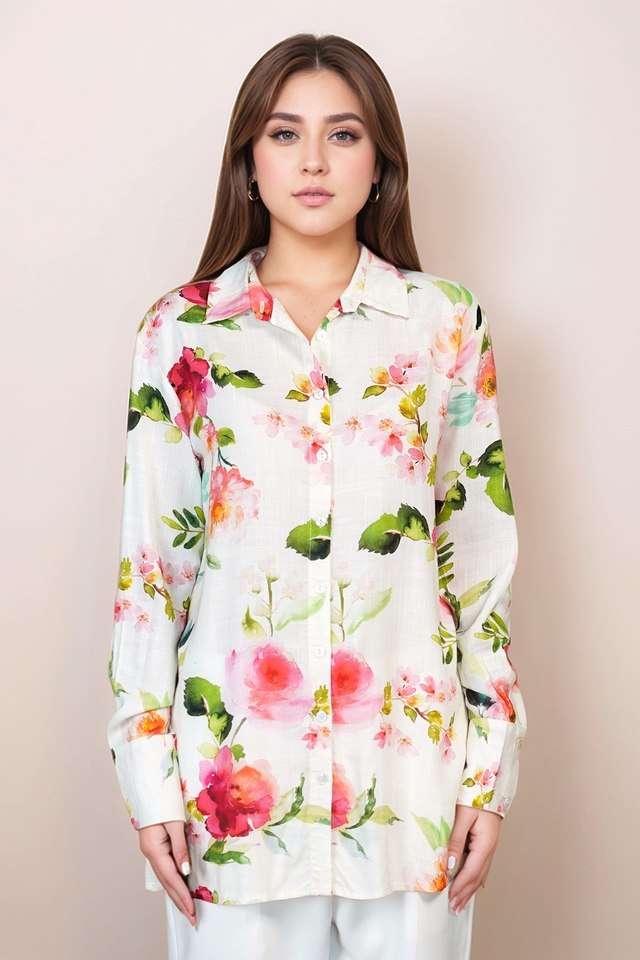 Floral-Blended-Fabric-Spread-Collar-Women-s-Casual-Wear-Shirt