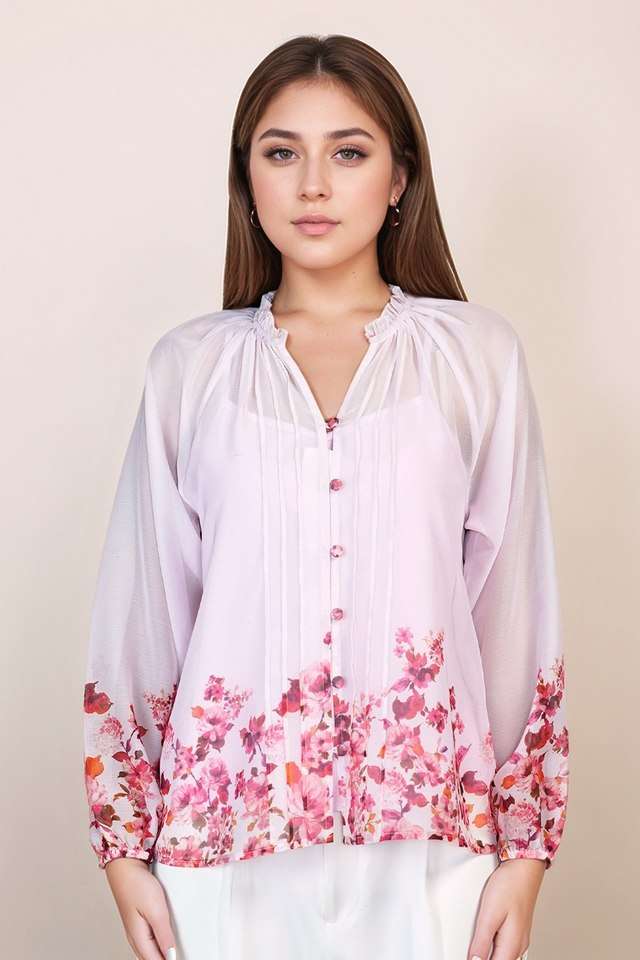Floral-Blended-Fabric-Mandarin-Collar-Women-s-Blouse
