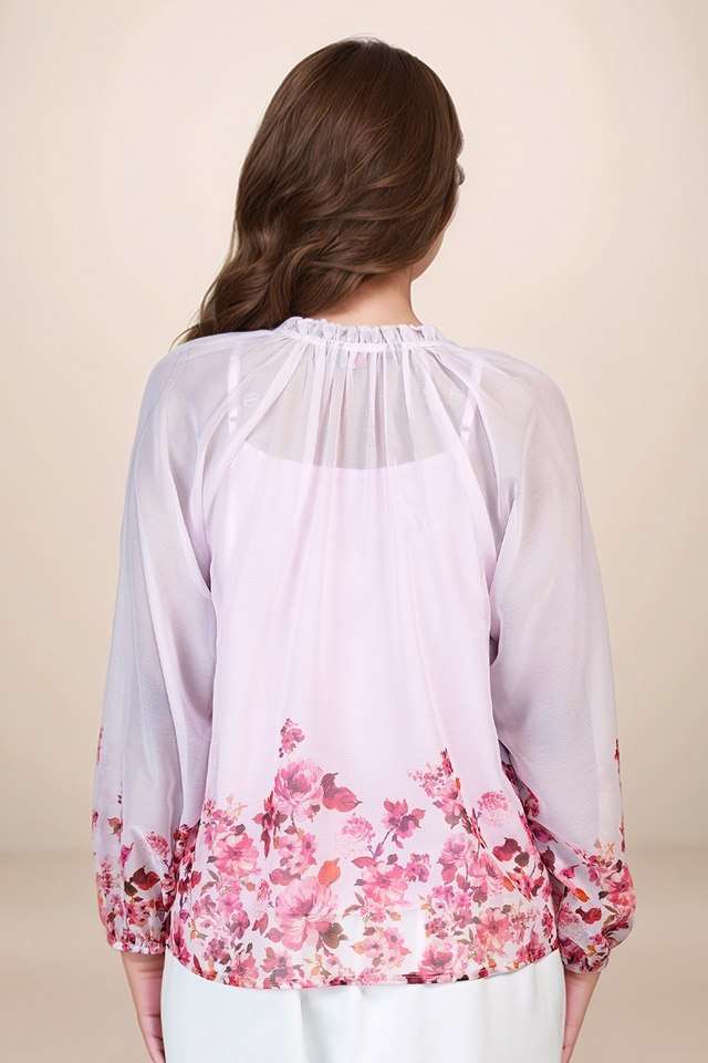 Floral-Blended-Fabric-Mandarin-Collar-Women-s-Blouse