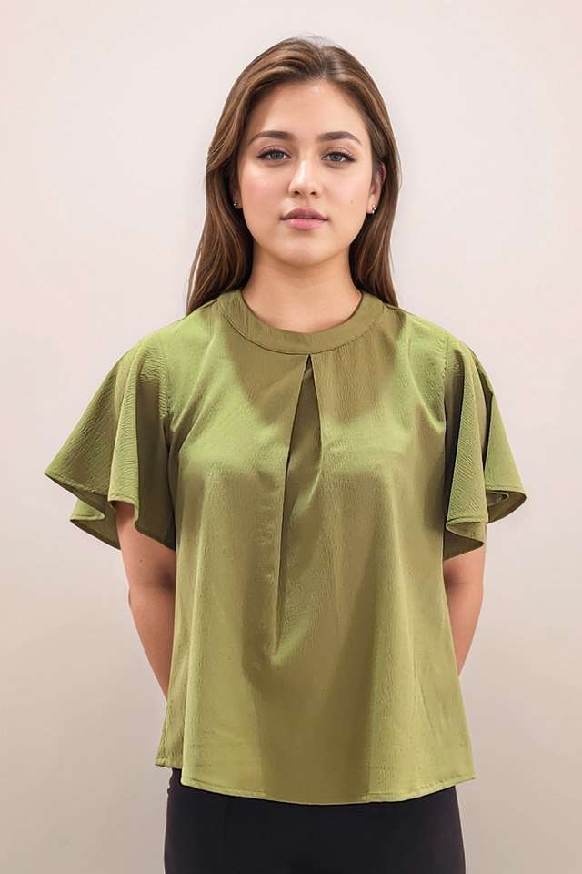 Solid-Polyester-Round-Neck-Women-s-Top