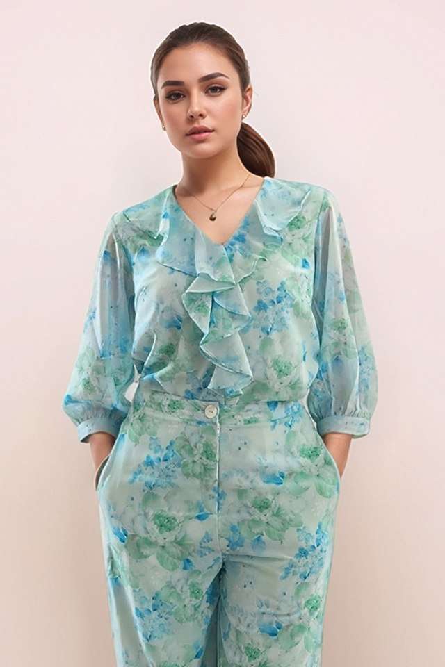 Floral-Polyester-V-Neck-Women-s-Top