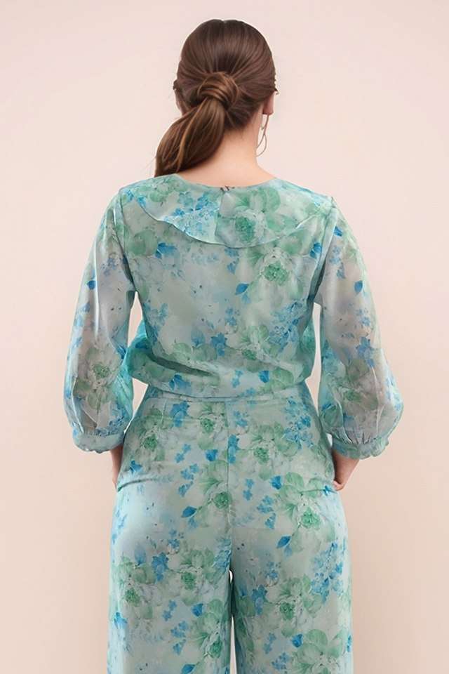 Floral-Polyester-V-Neck-Women-s-Top