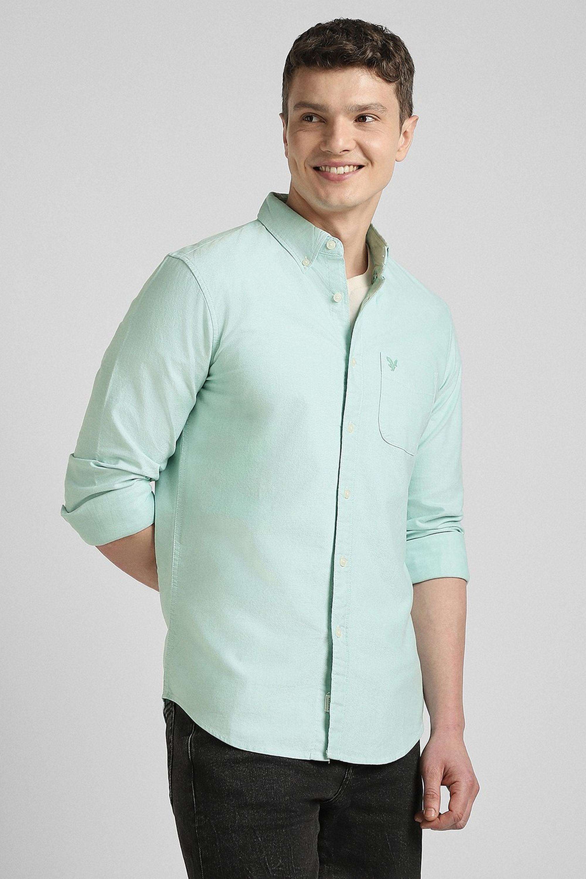 Buy American Eagle blue Solid Cotton Stretch Slim Fit Men's Shirt | Shoppers Stop Buy American Eagle blue Solid Cotton Stretch Slim Fit Men's Shirt | Shoppers Stop