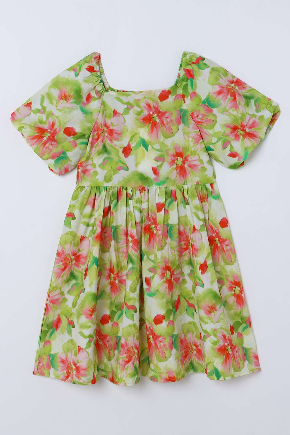 Floral-Blended-Fabric-Square-Neck-Girls-Casual-Wear-Dress