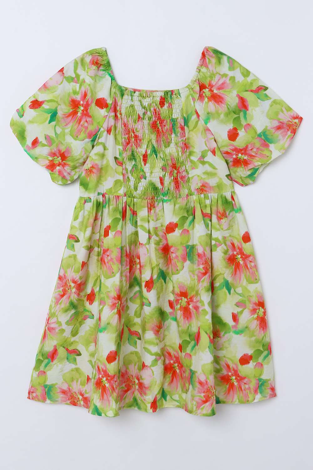 Floral-Blended-Fabric-Square-Neck-Girls-Casual-Wear-Dress