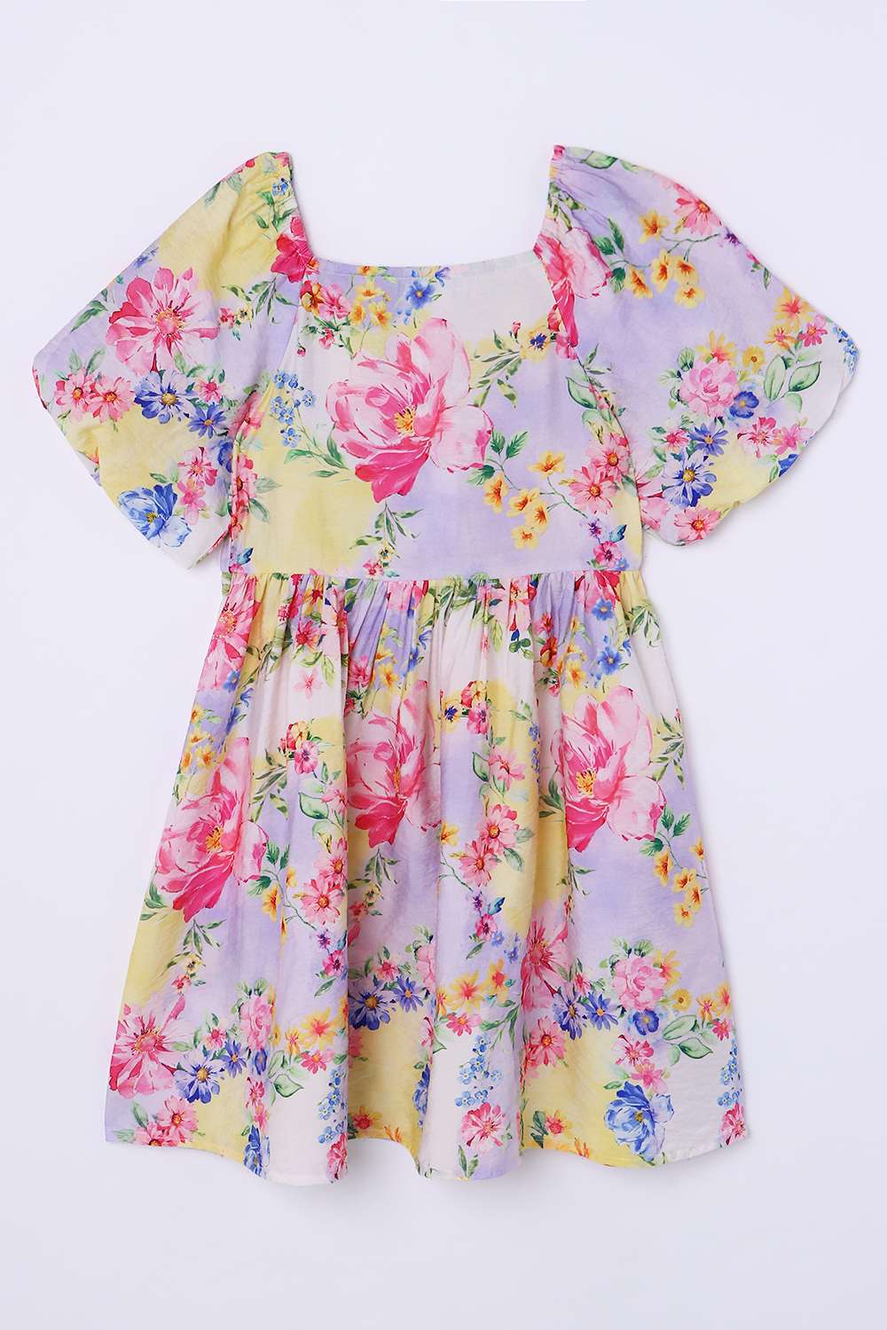 Floral-Blended-Fabric-Square-Neck-Girls-Casual-Wear-Dress