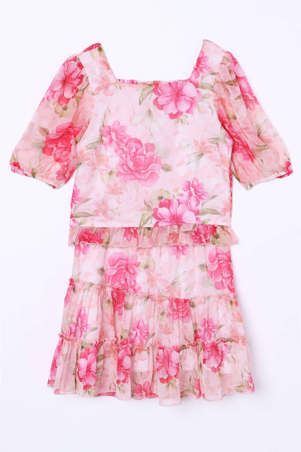 Floral-Blended-Fabric-Square-Neck-Girls-Clothing-Set