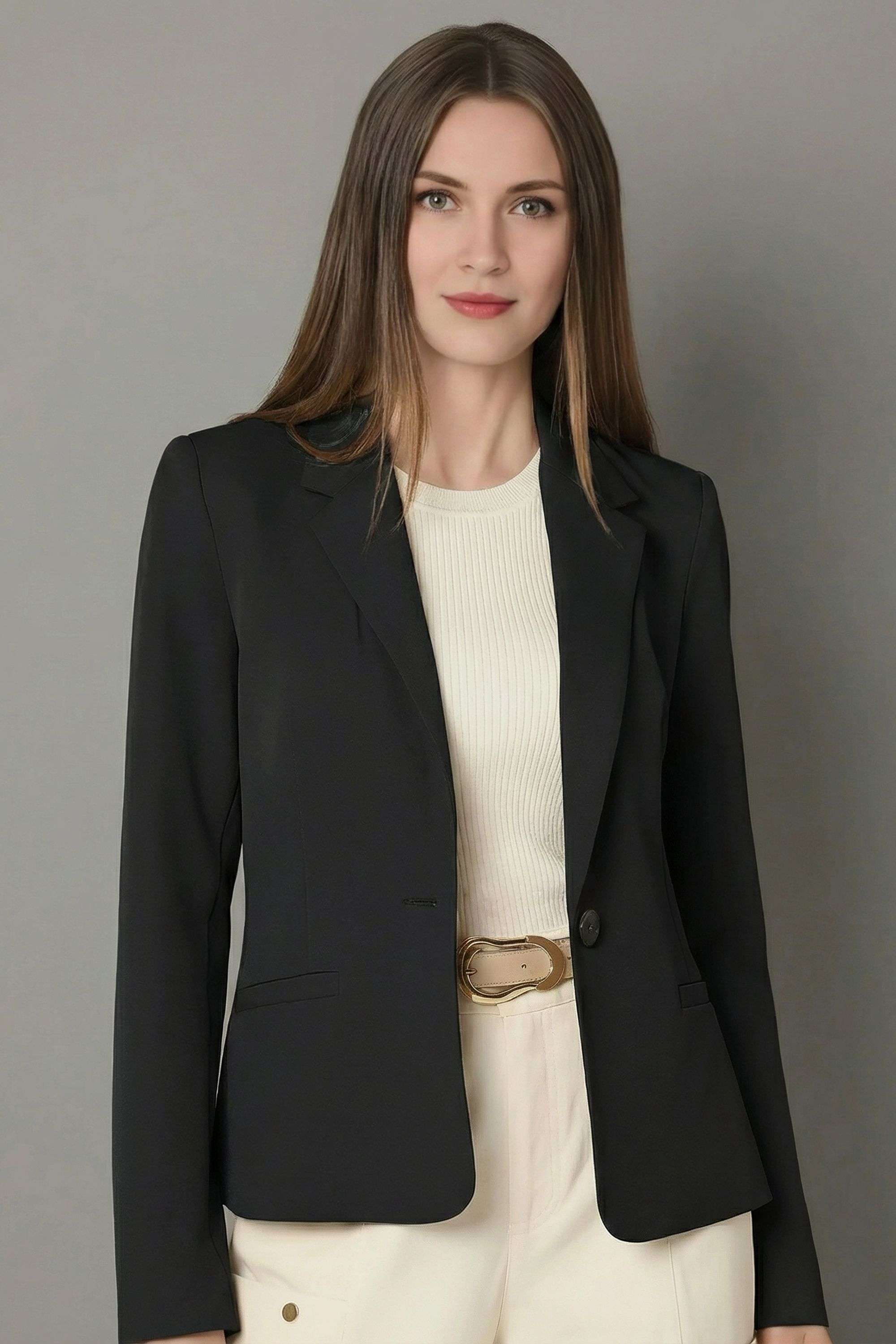Solid-Collared-Blended-Fabric-Women-s-Formal-Wear-Blazer