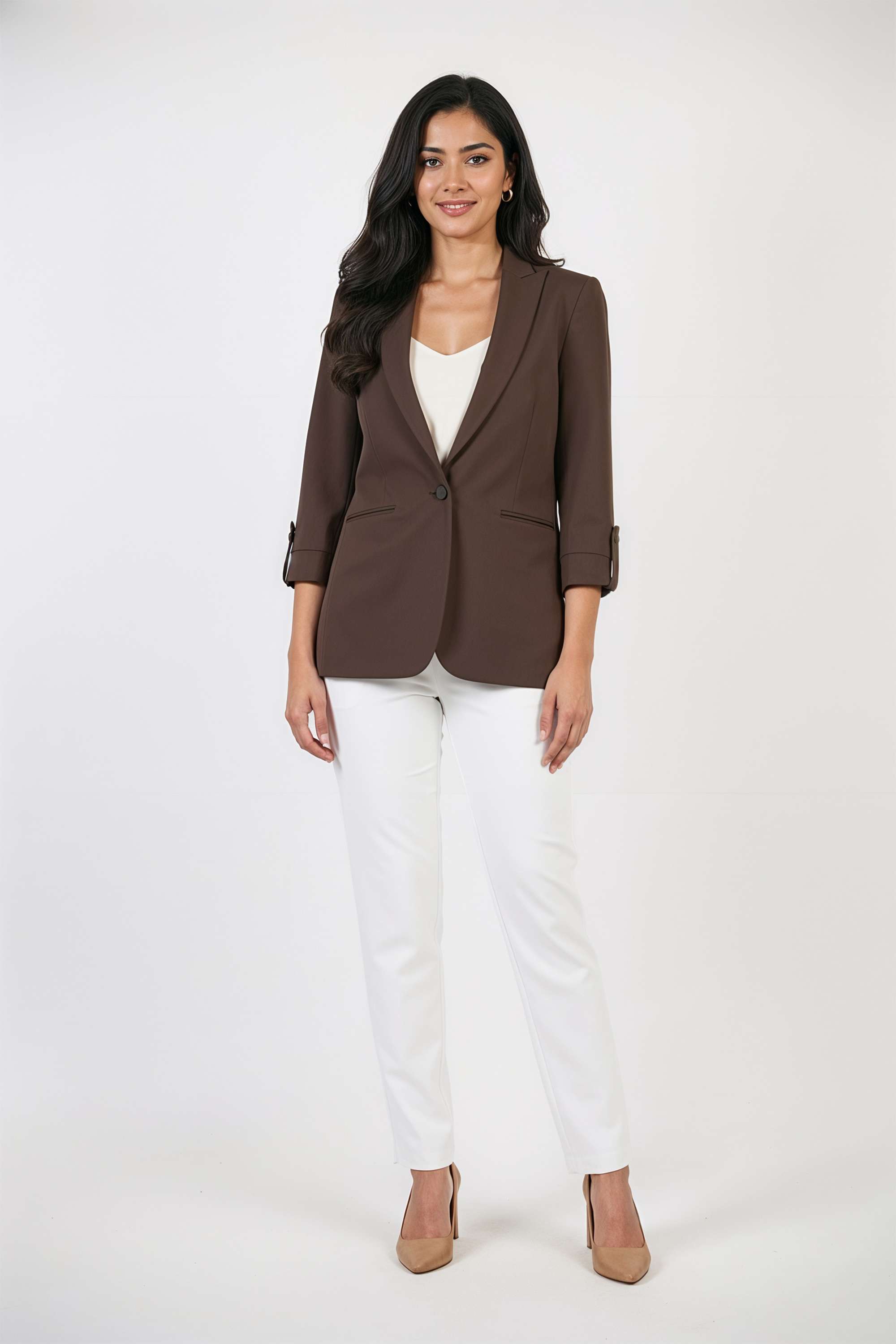 Solid-Collared-Blended-Fabric-Women-s-Formal-Wear-Blazer