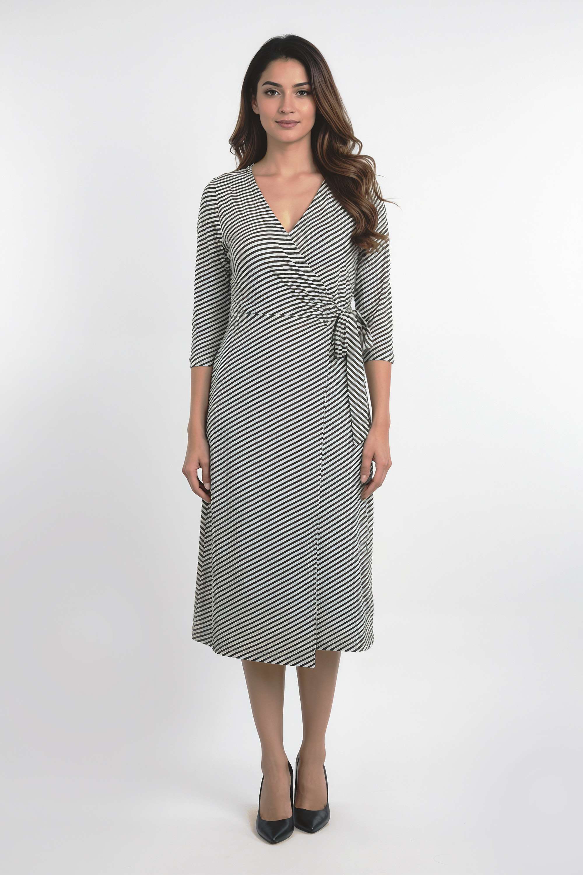 Solid-Plunging-Neck-Blended-Fabric-Women-Dress