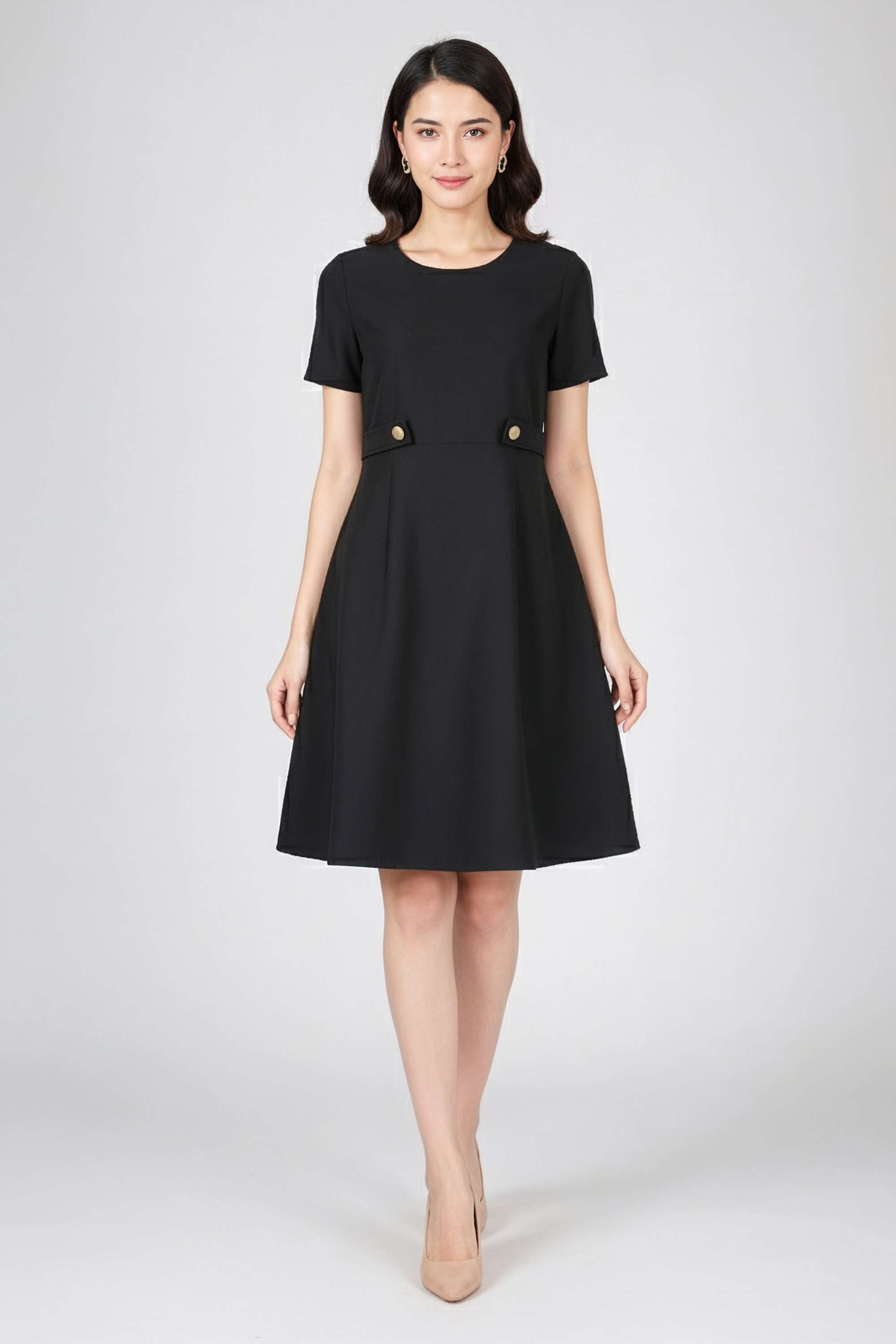 Solid-Round-Neck-Blended-Fabric-Women-Dress