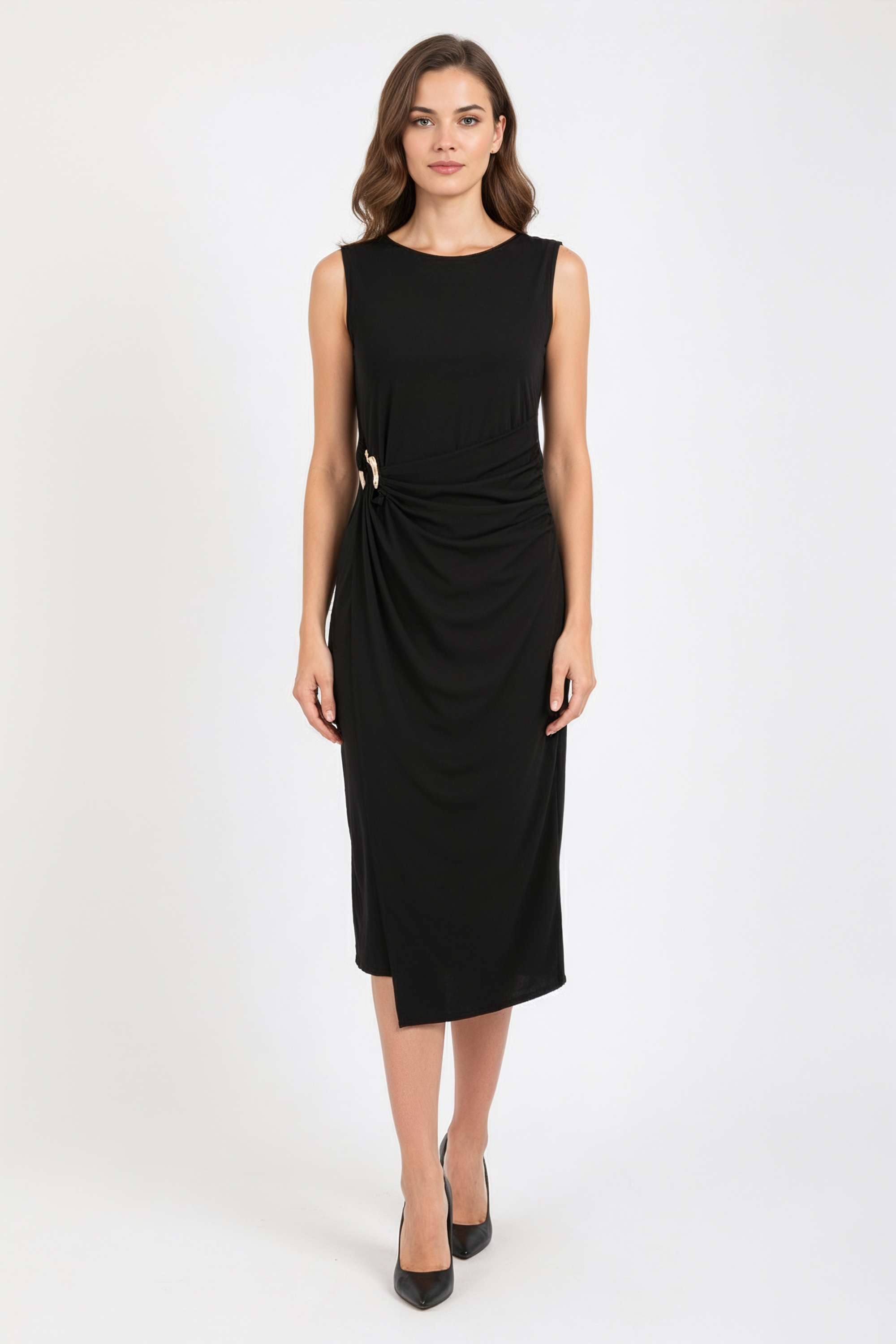 Solid-Round-Neck-Blended-Fabric-Women-Dress