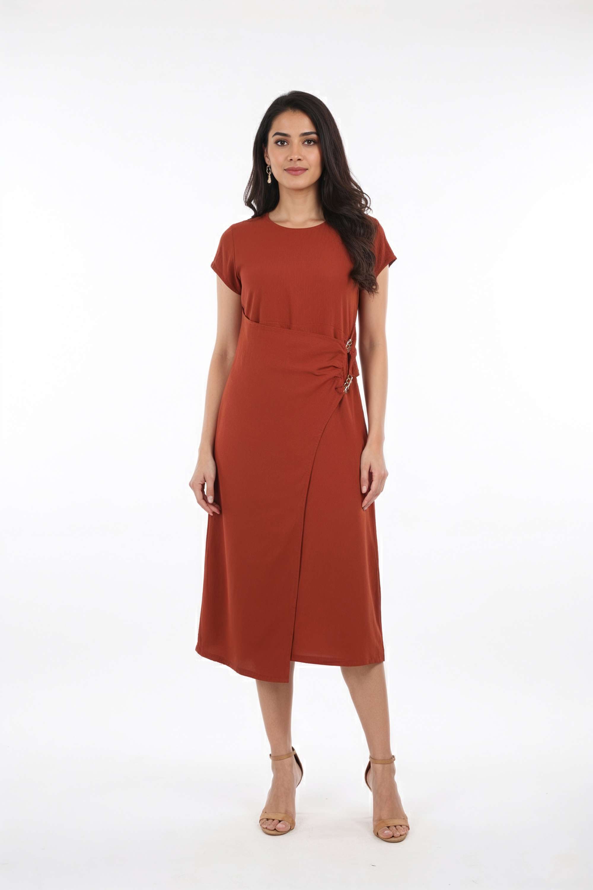 Solid-Round-Neck-Polyester-Women-Dress