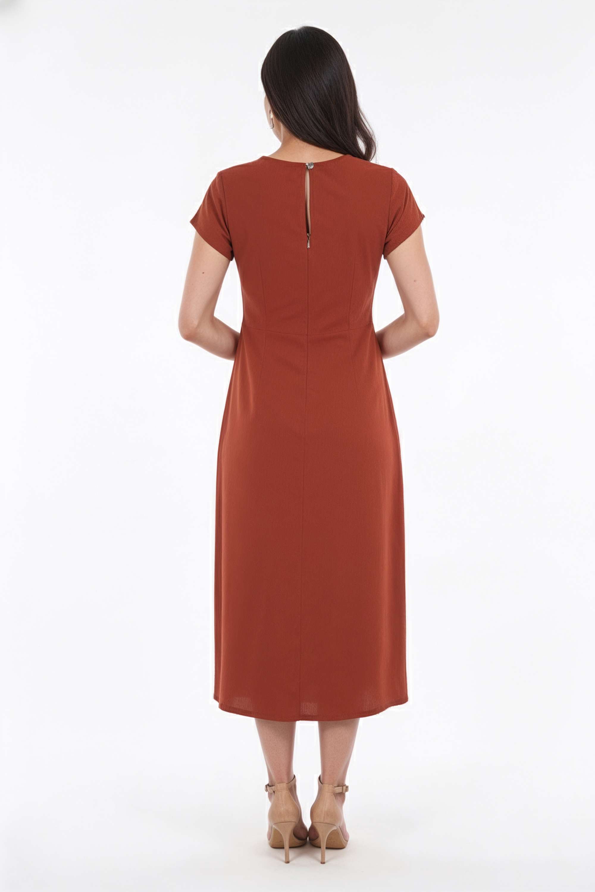 Solid-Round-Neck-Polyester-Women-Dress