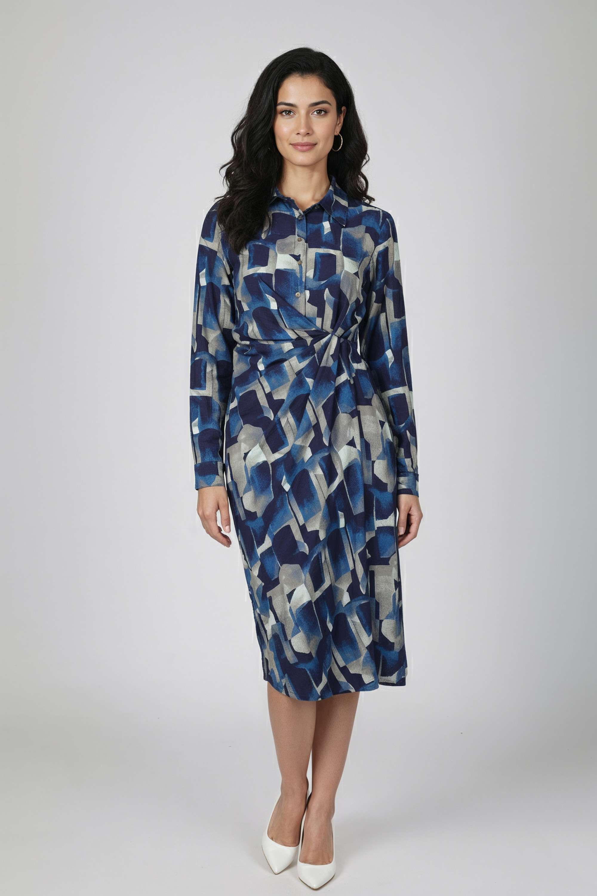 Geometric-Print-Collared-Blended-Fabric-Women-Dress