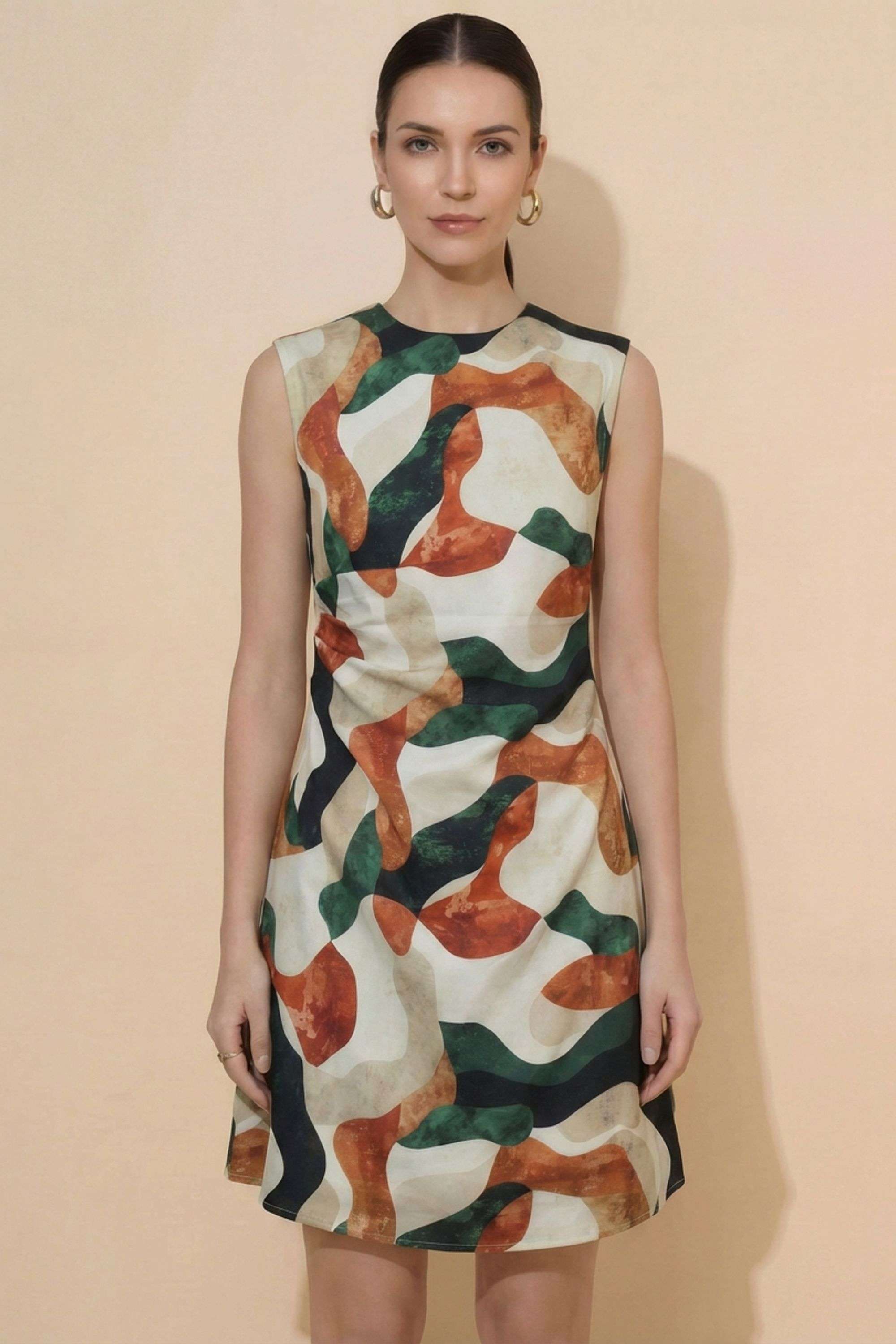 Printed-Round-Neck-Polyester-Women-Dress
