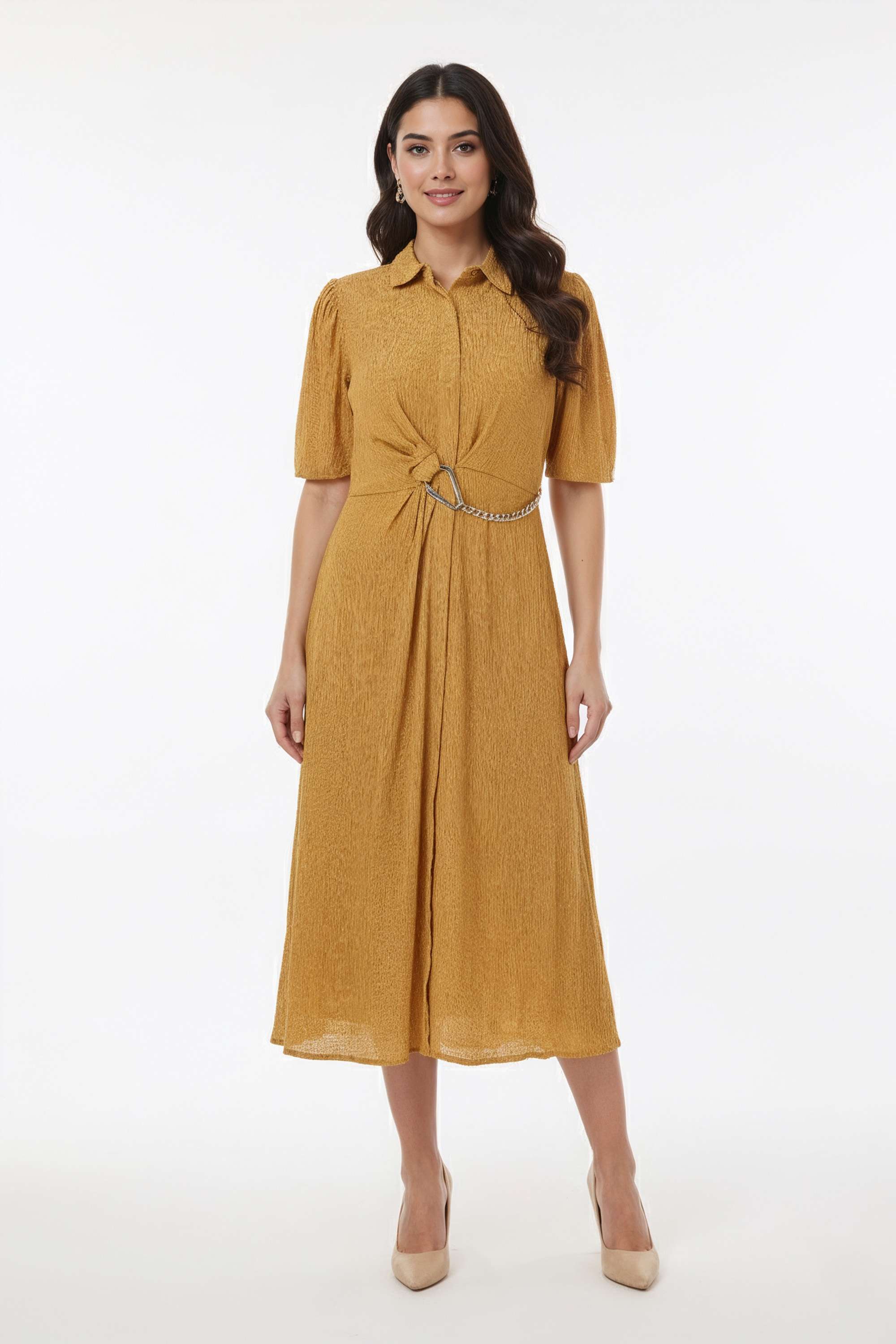Solid-Collared-Blended-Fabric-Women-Dress