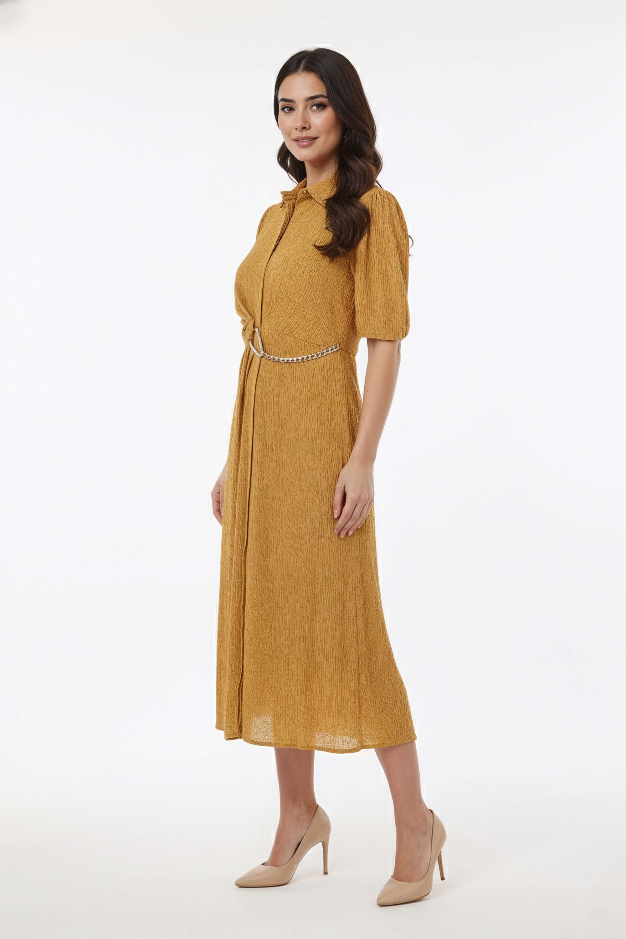Solid-Collared-Blended-Fabric-Women-Dress