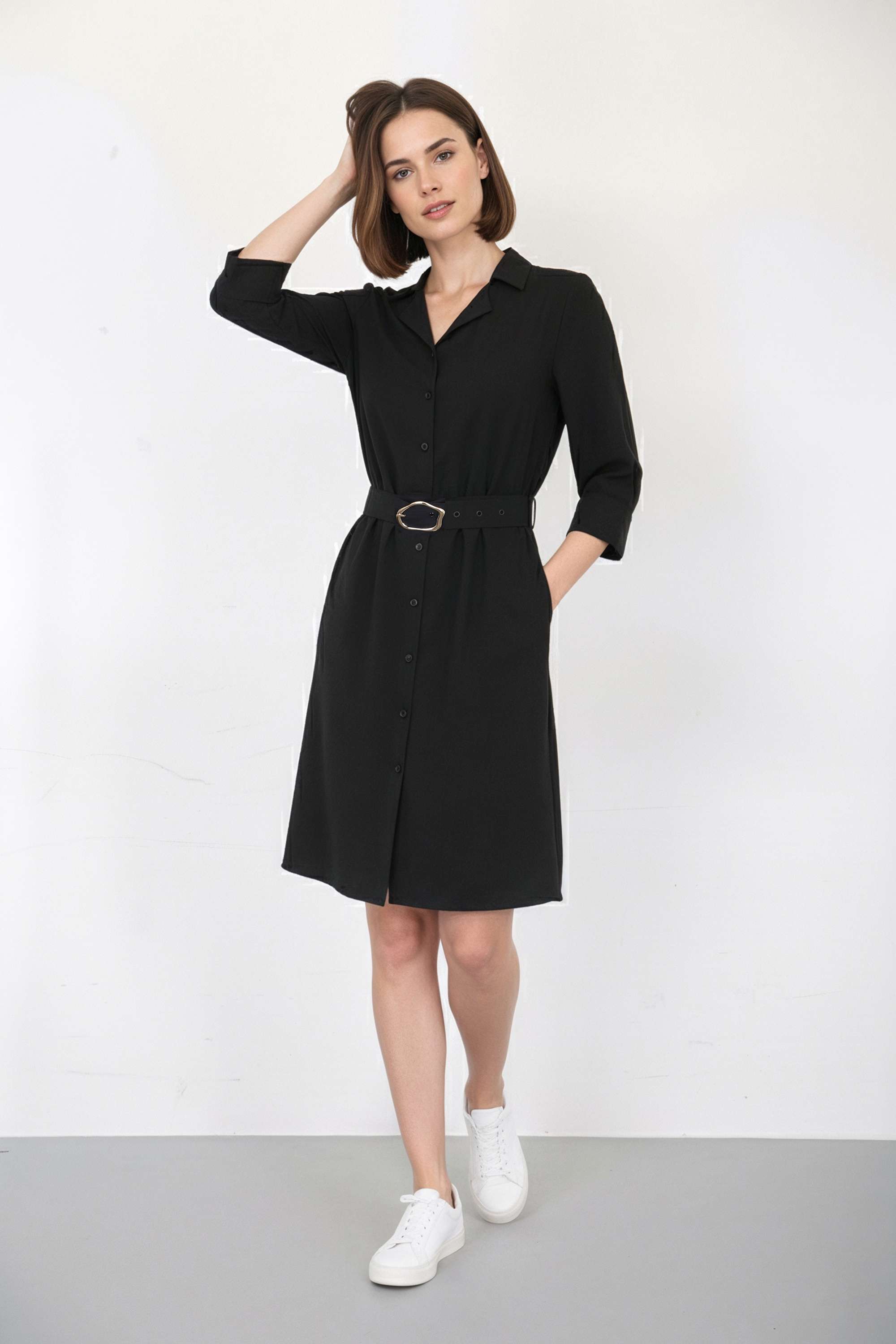 Solid-Collared-Blended-Fabric-Women-Dress