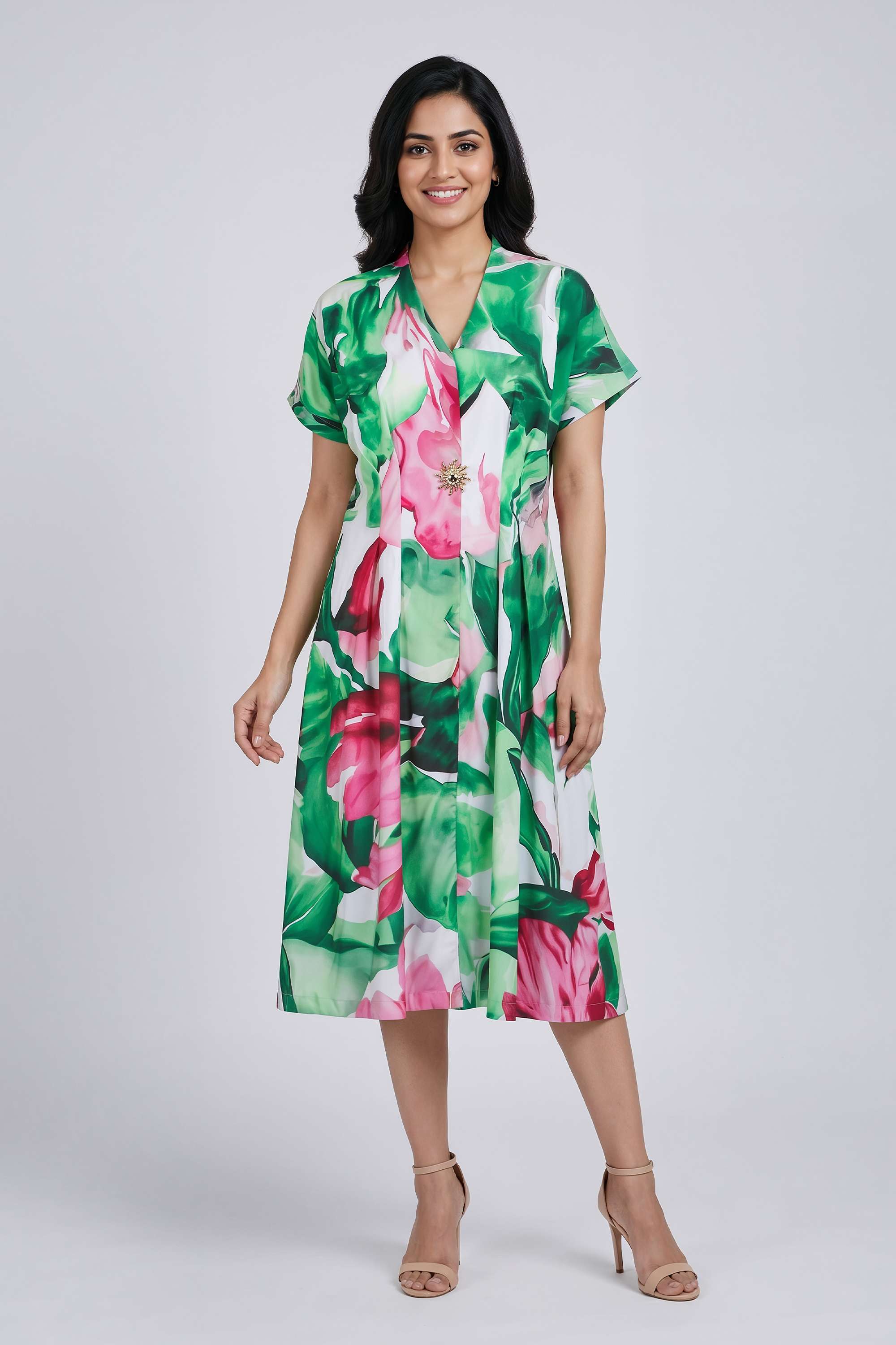 Printed-V-Neck-Rayon-Women-s-Dress