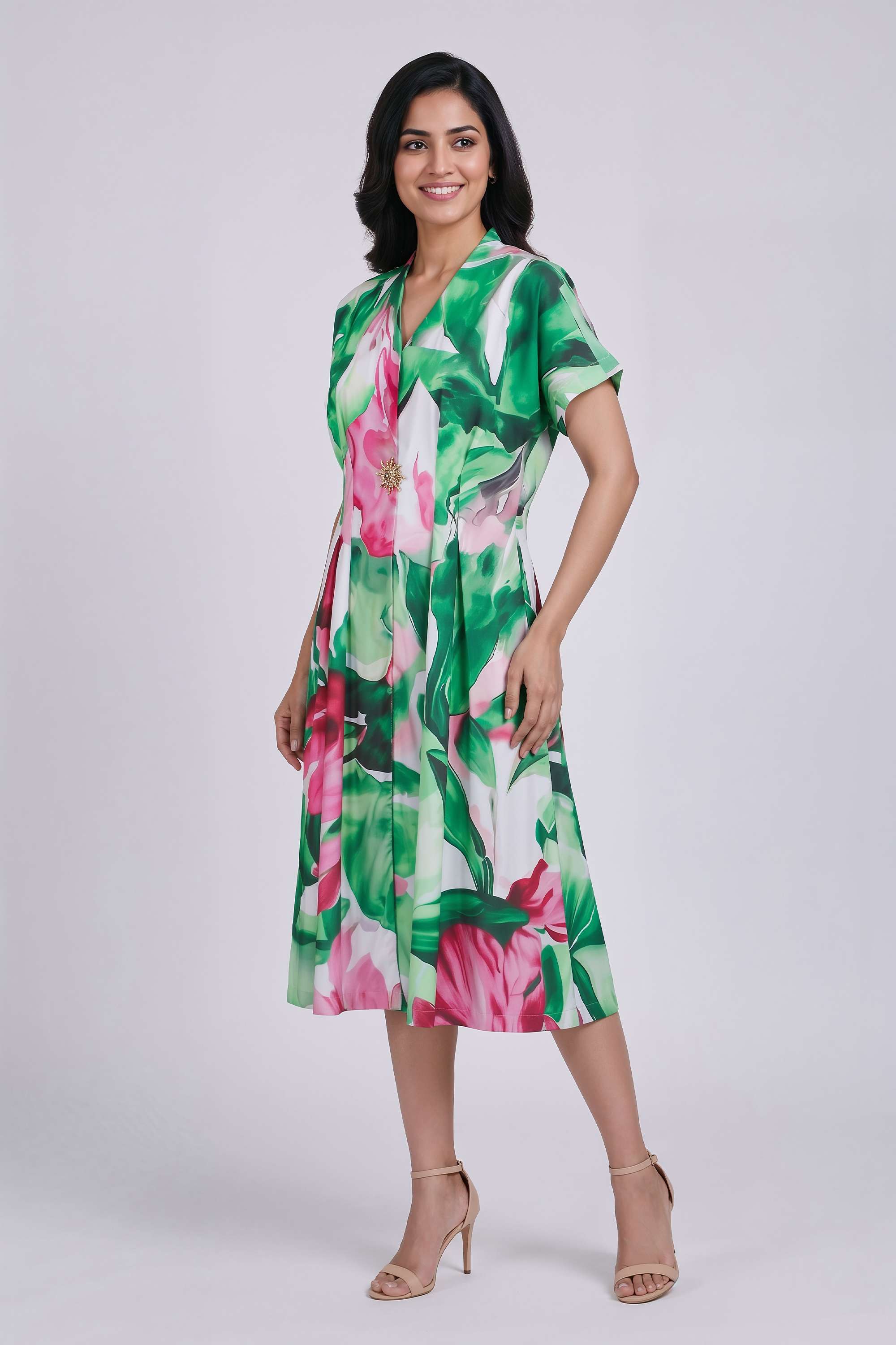 Printed-V-Neck-Rayon-Women-s-Dress