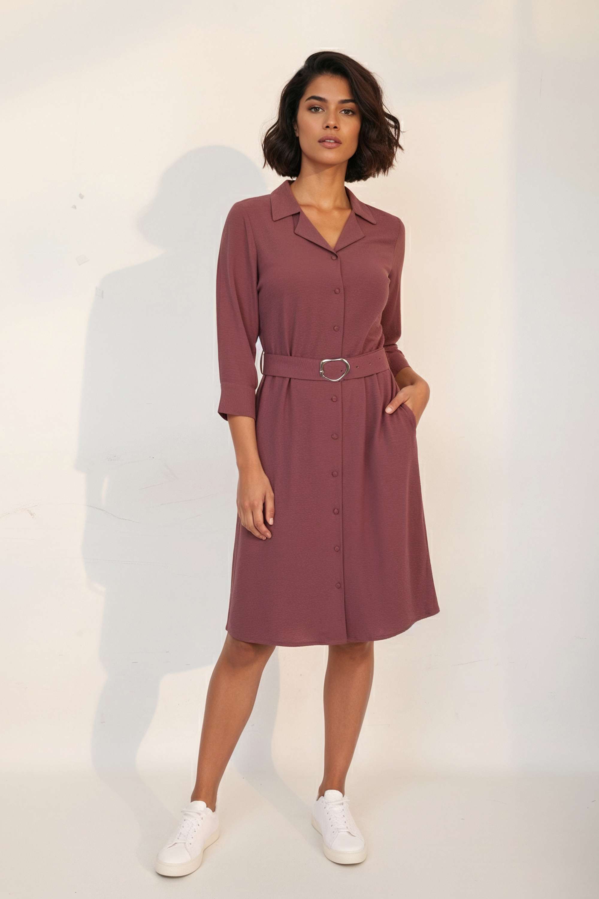 Solid-Collared-Blended-Fabric-Women-Dress