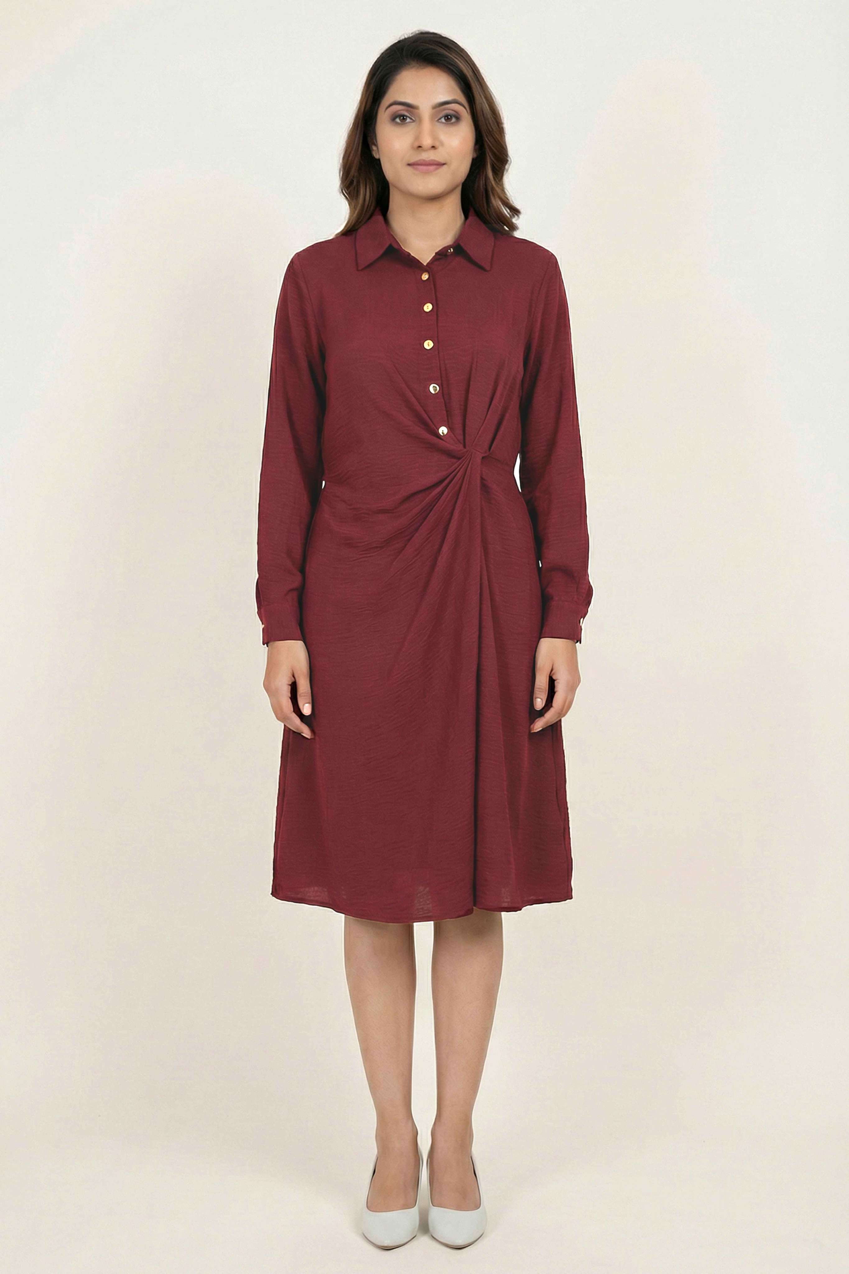 Solid-Collared-Polyester-Women-Dress