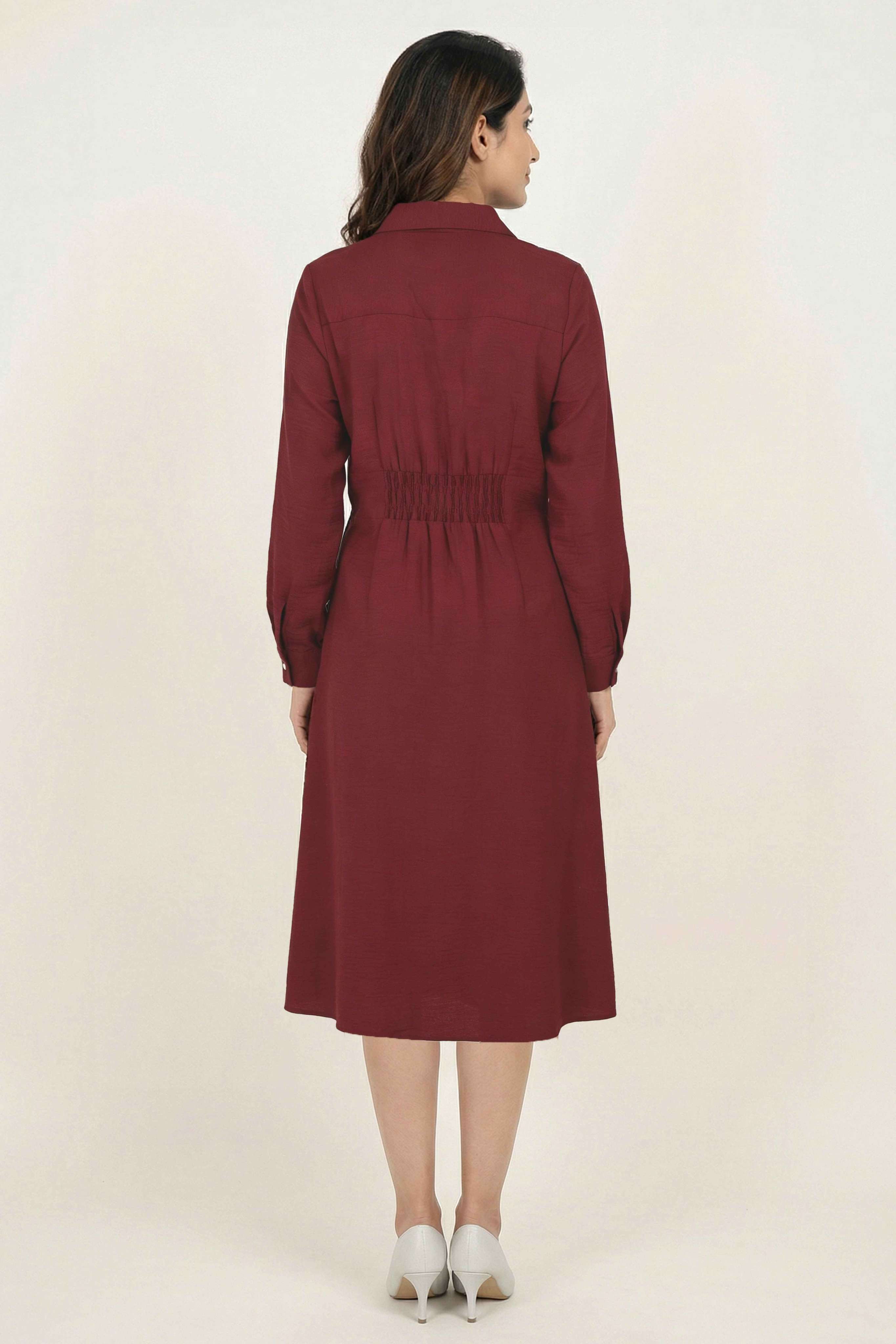 Solid-Collared-Polyester-Women-Dress