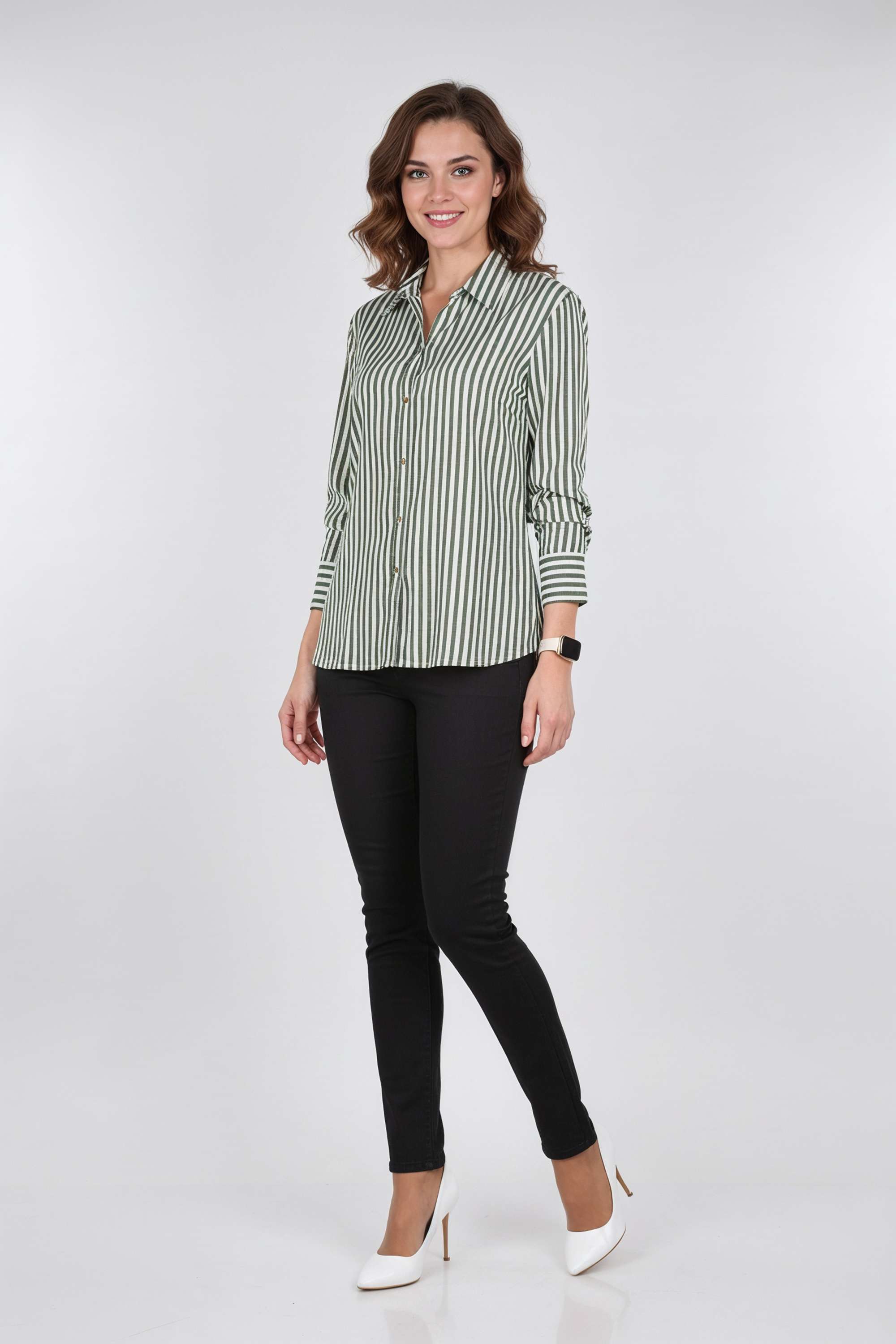Stripes-Collared-Blended-Fabric-Women-Casual-Wear-Shirt