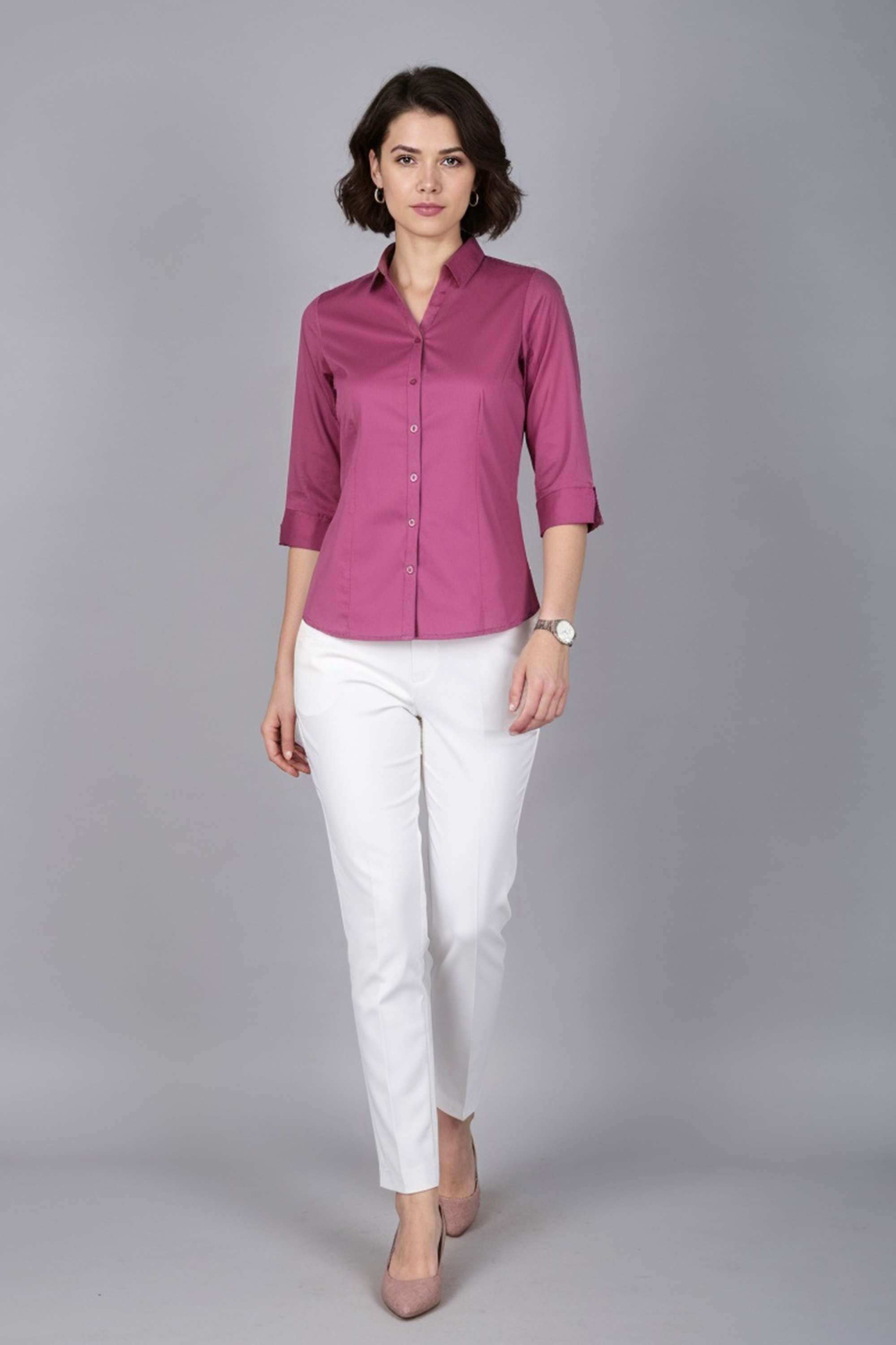 Solid-Collared-Blended-Fabric-Women-Formal-Wear-Shirt