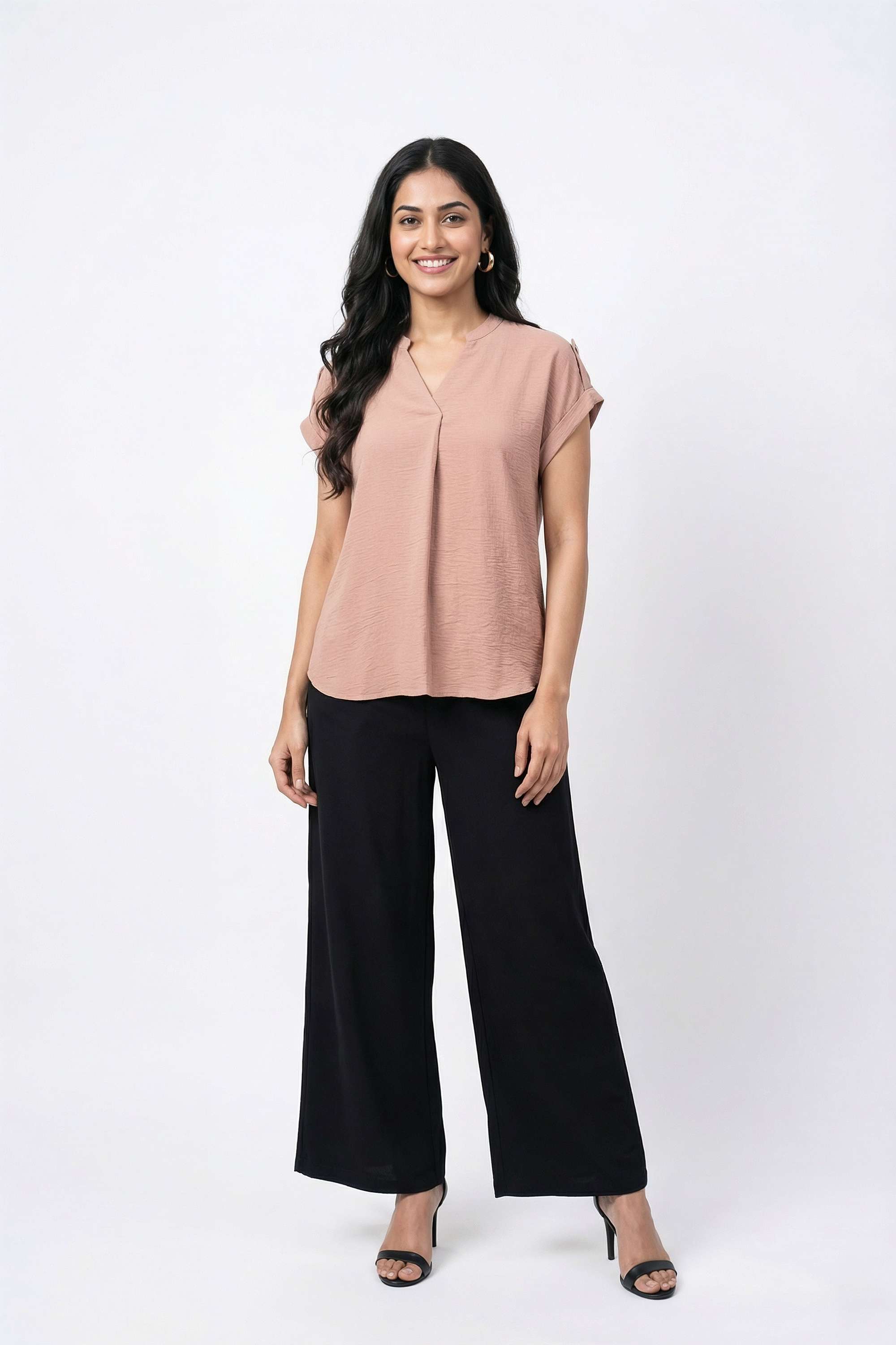 Solid-Blended-Fabric-V-Neck-Women-s-Top