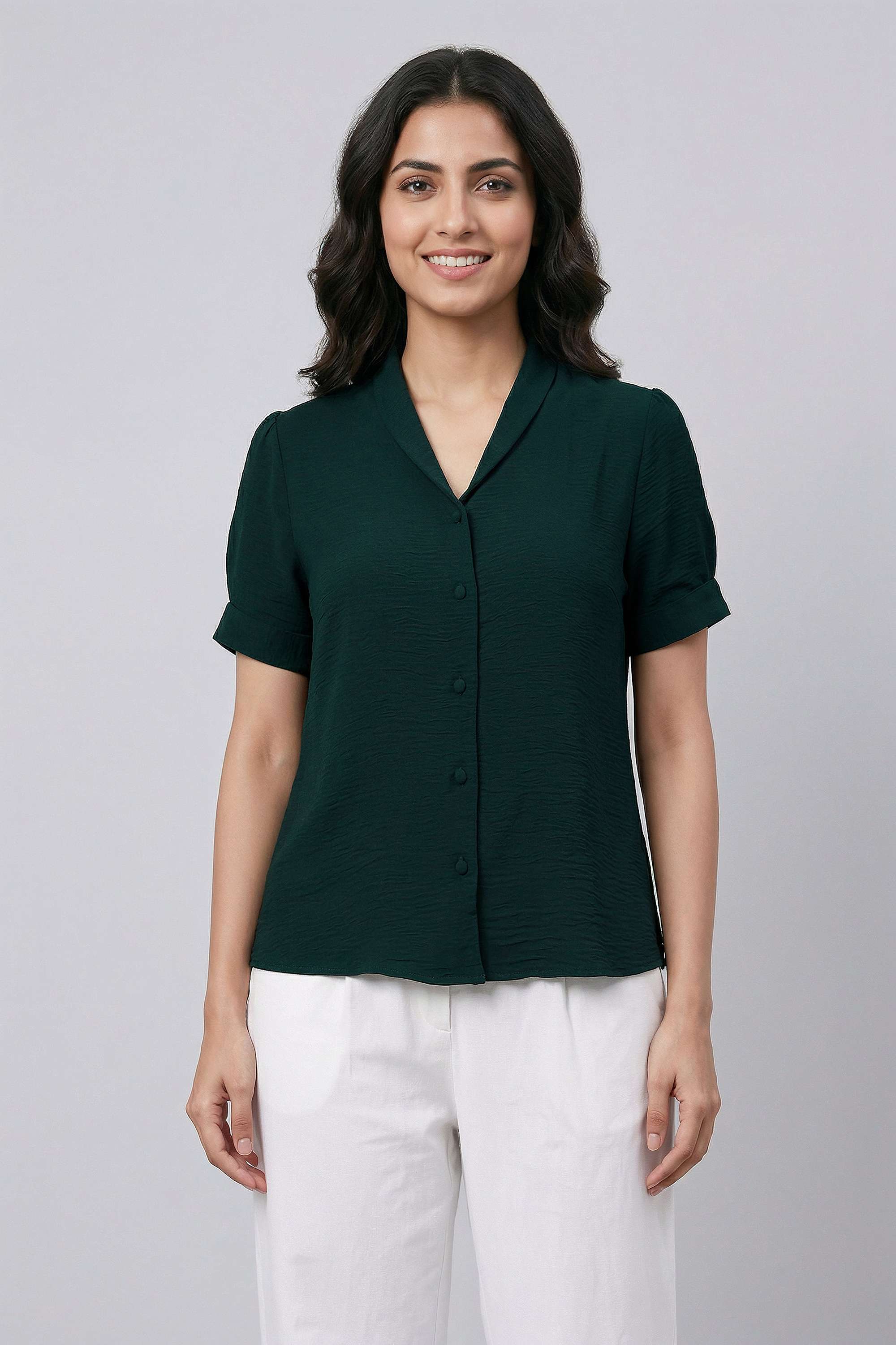 Solid-Polyester-V-Neck-Women-s-Top