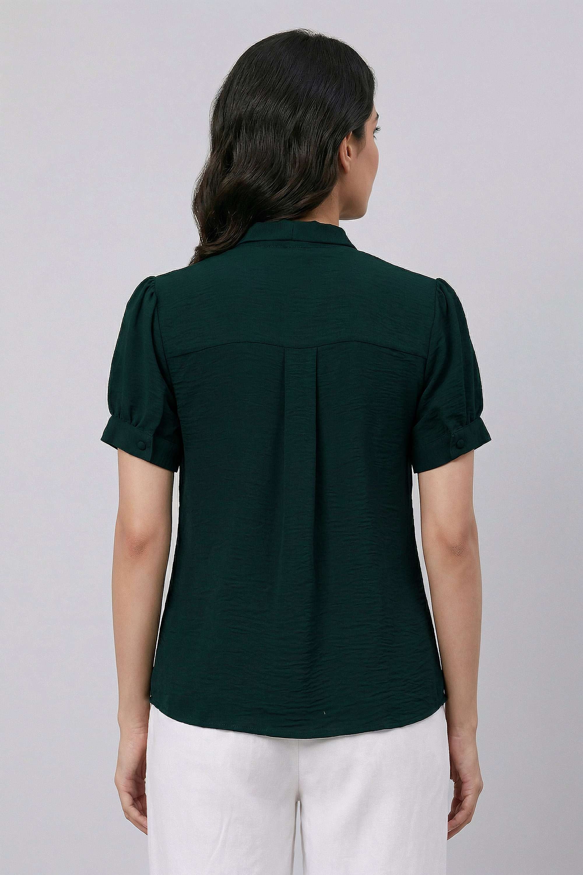 Solid-Polyester-V-Neck-Women-s-Top