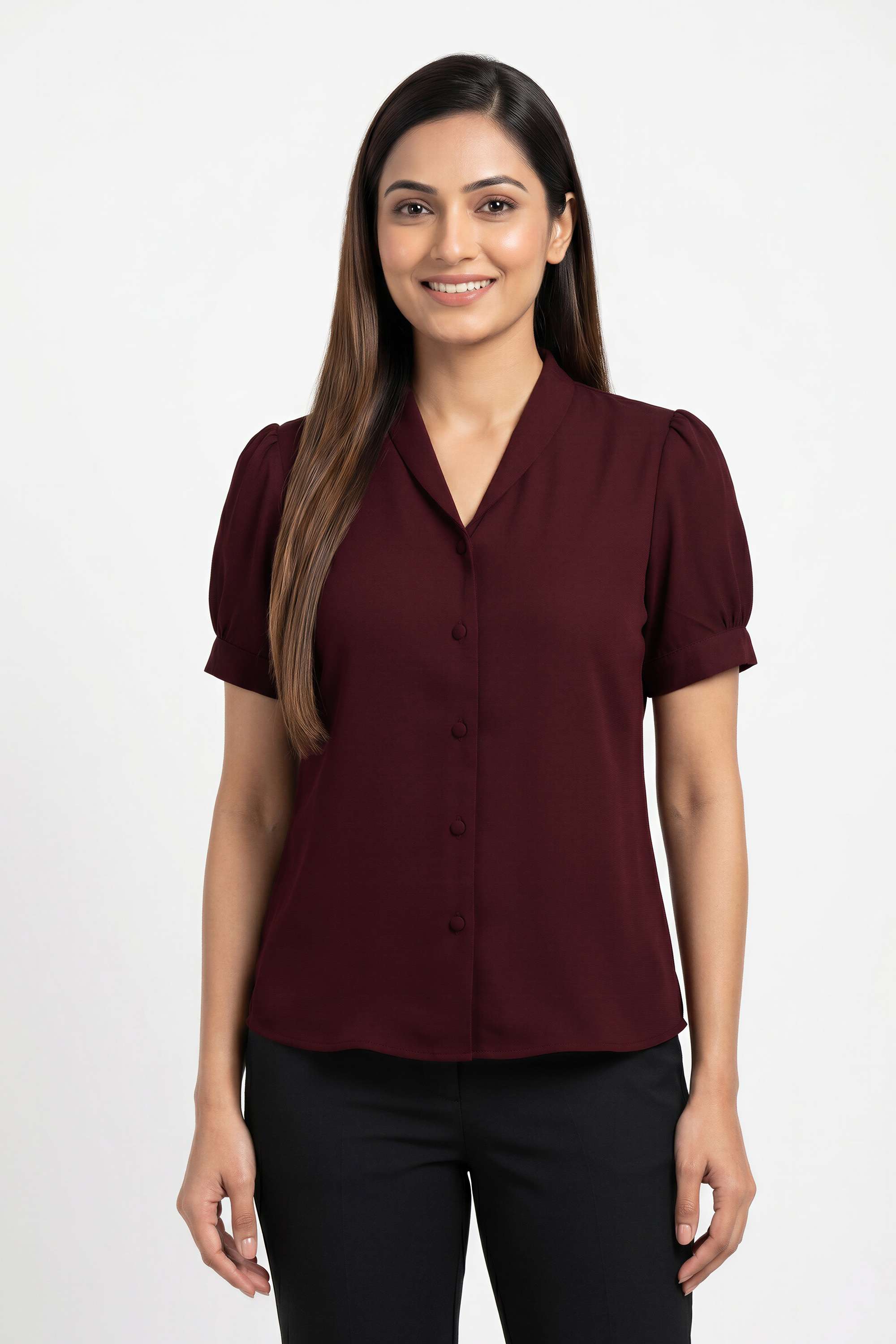 Solid-Polyester-V-Neck-Women-s-Top