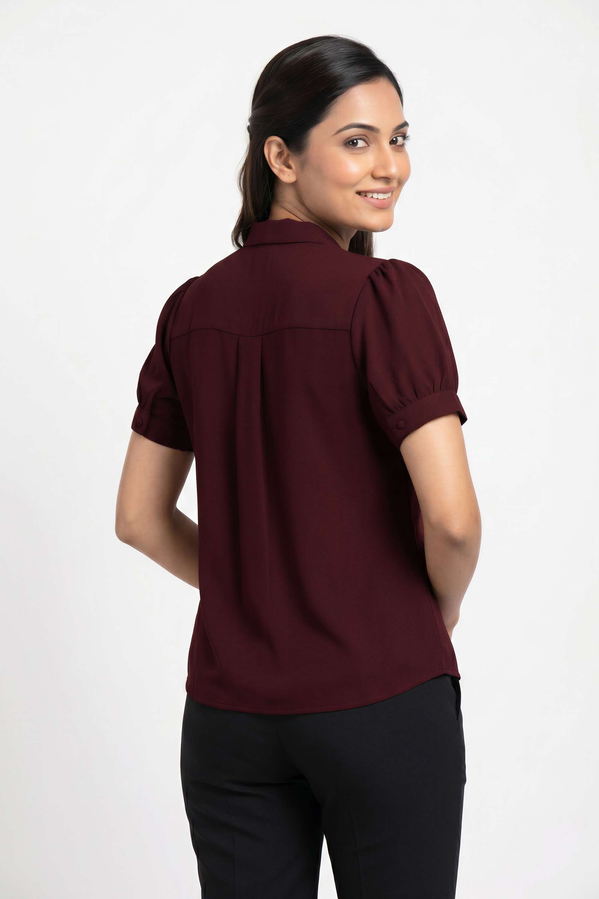 Solid-Polyester-V-Neck-Women-s-Top