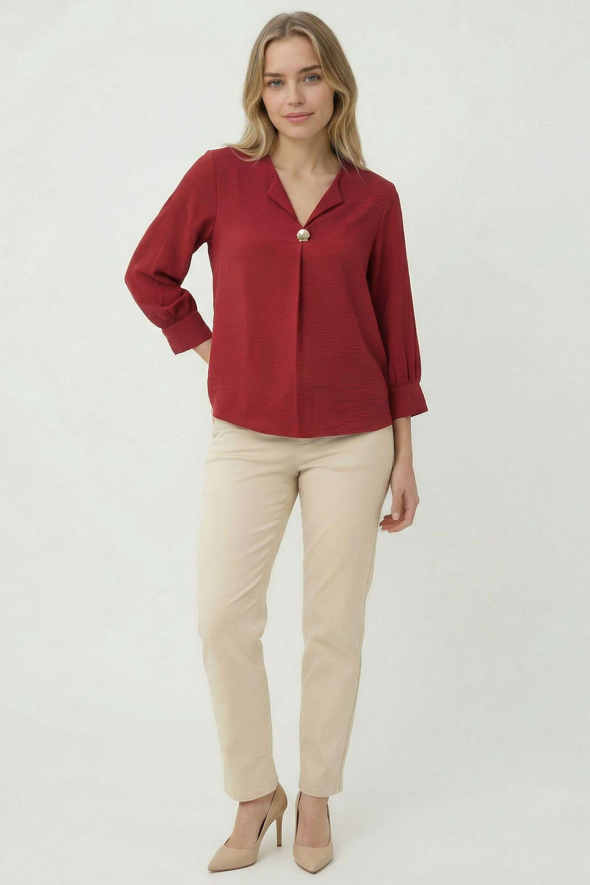 Solid-Crepe-Plunging-Neck-Women-s-Top