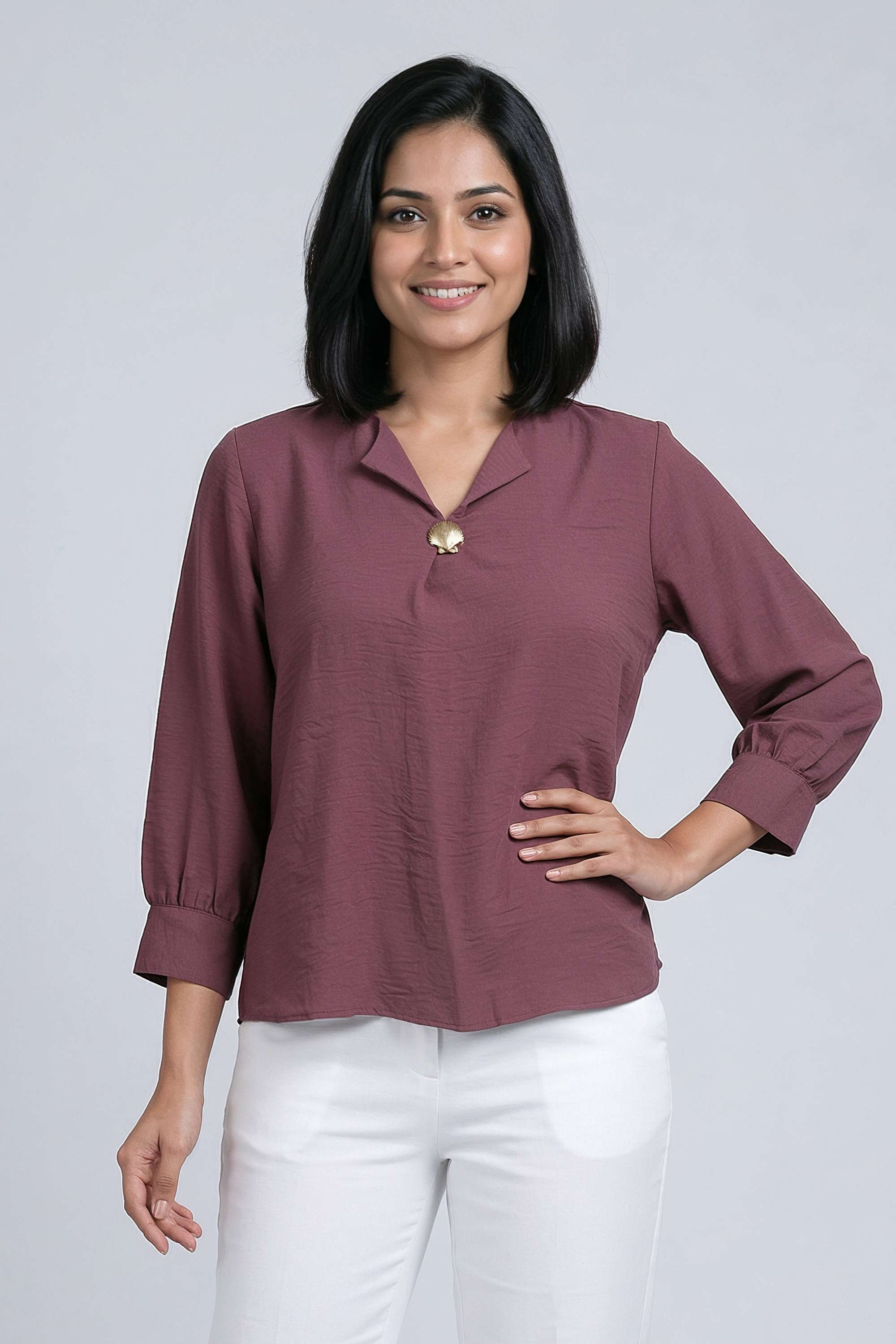 Solid-Polyester-V-Neck-Women-s-Top