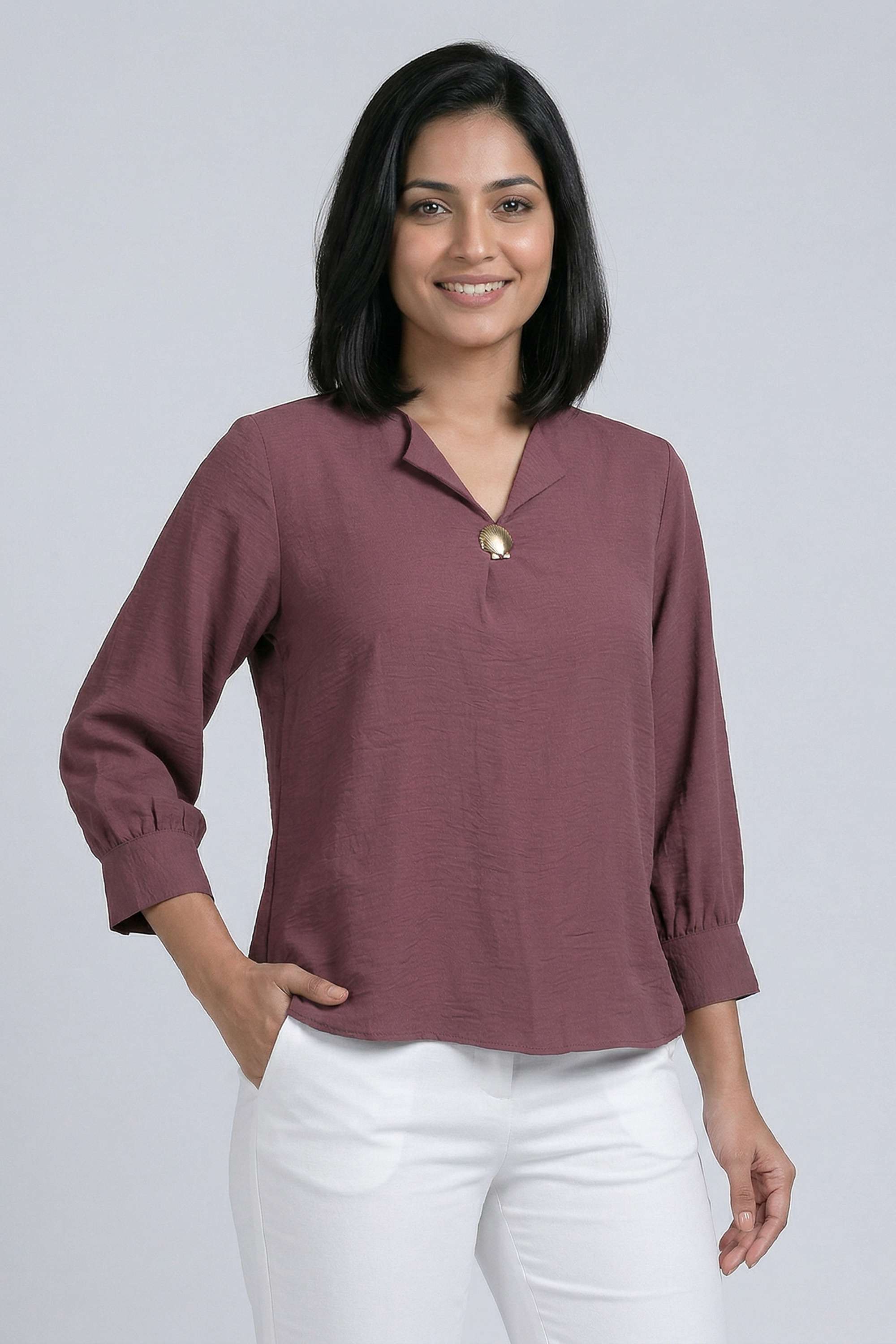 Solid-Polyester-V-Neck-Women-s-Top