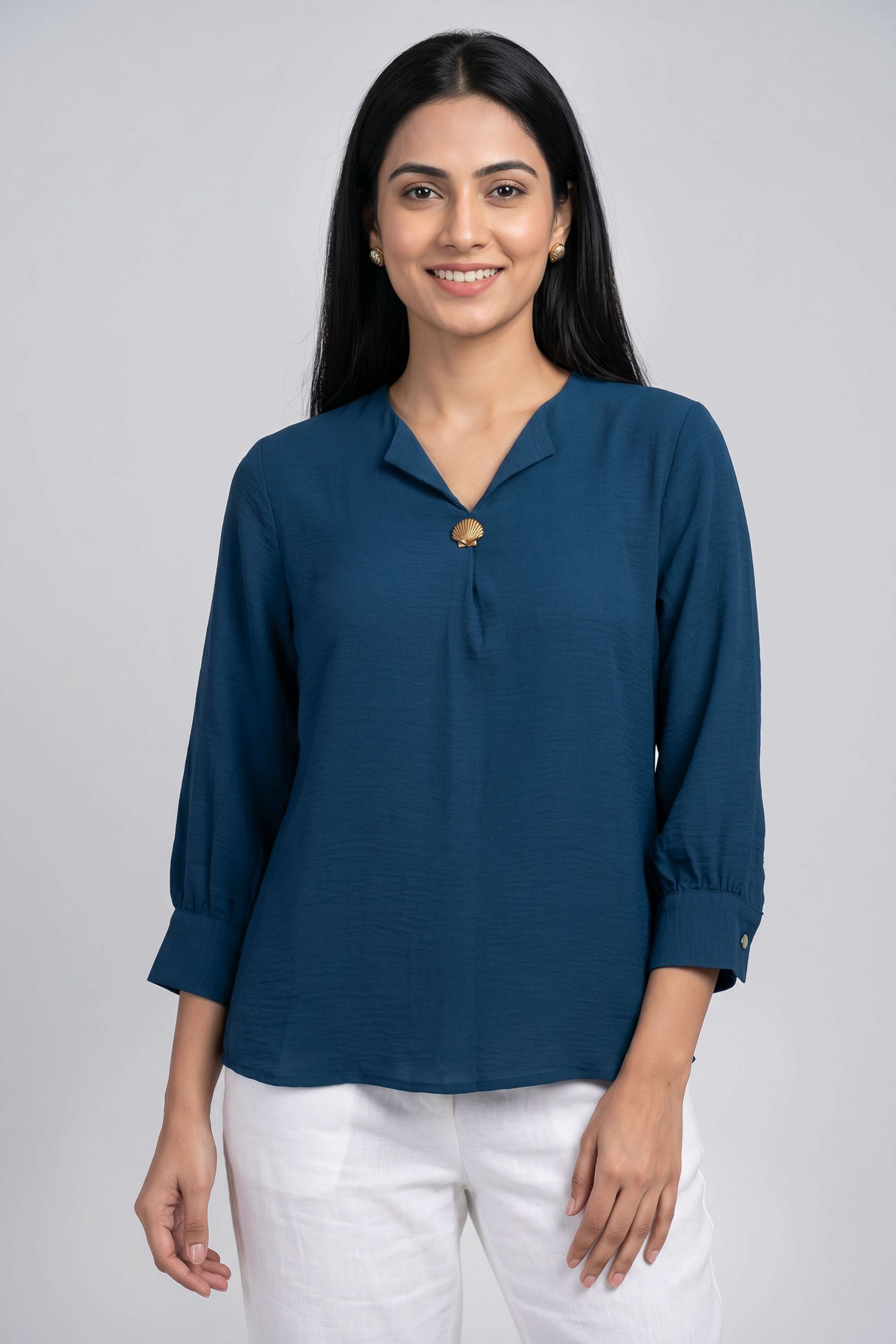 Solid-Polyester-V-Neck-Women-s-Top