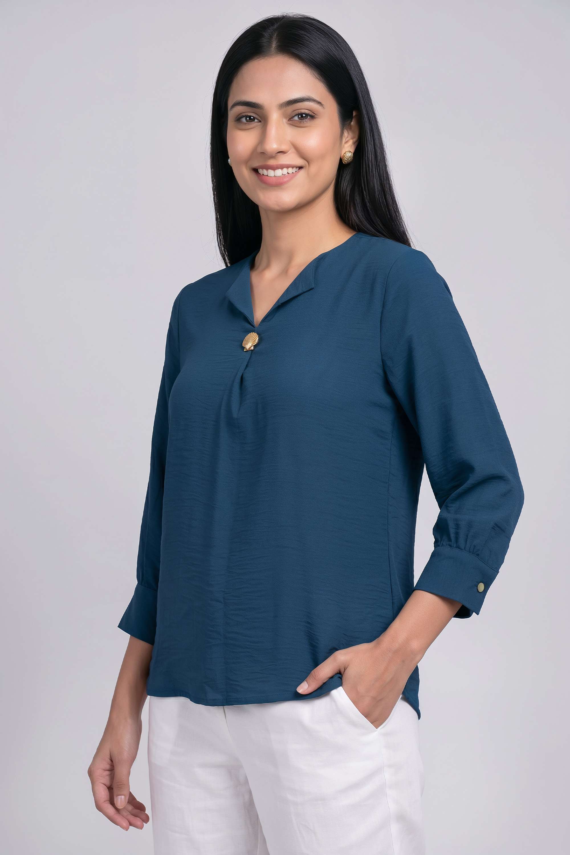 Solid-Polyester-V-Neck-Women-s-Top
