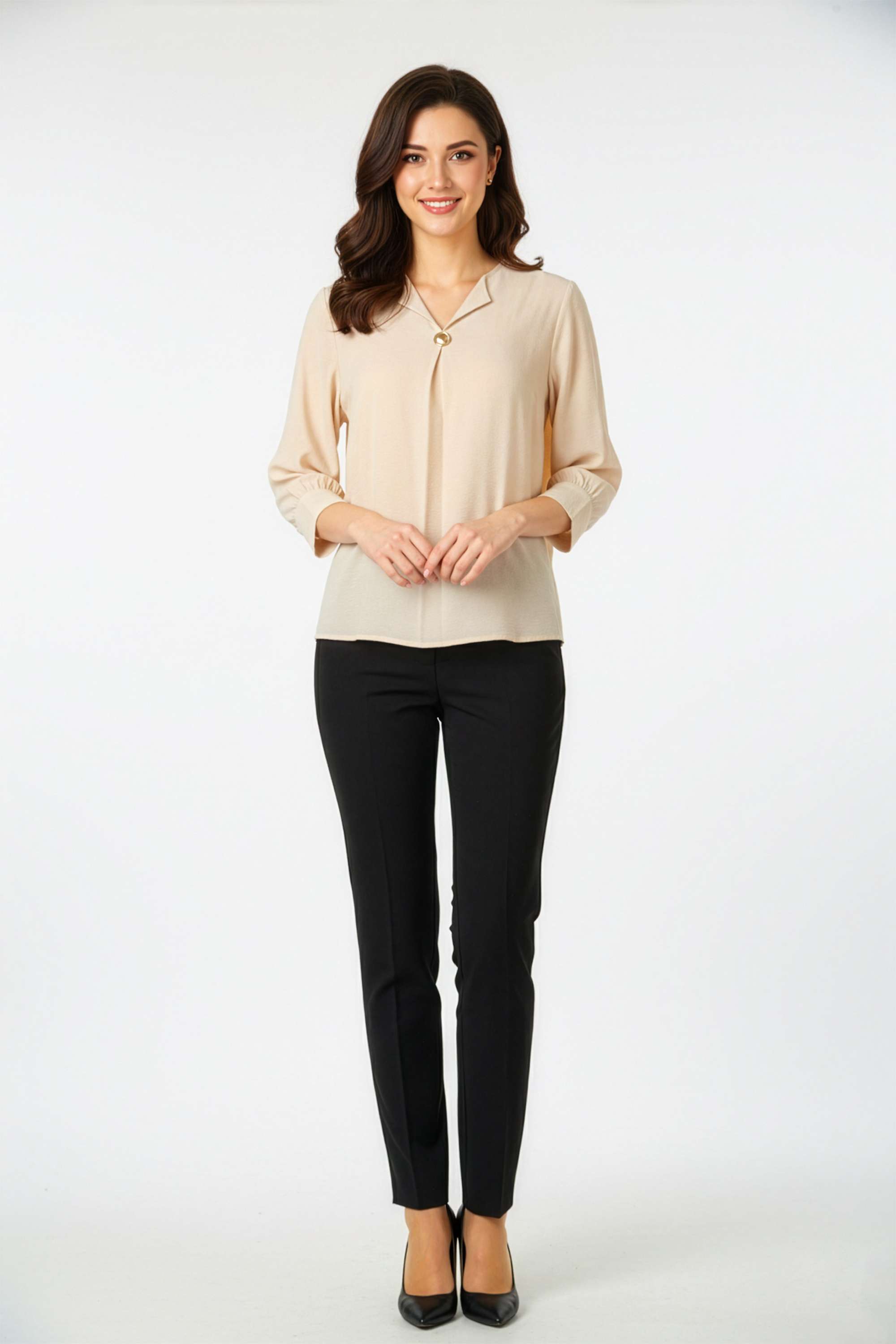 Solid-Blended-Fabric-Collared-Women-s-Top