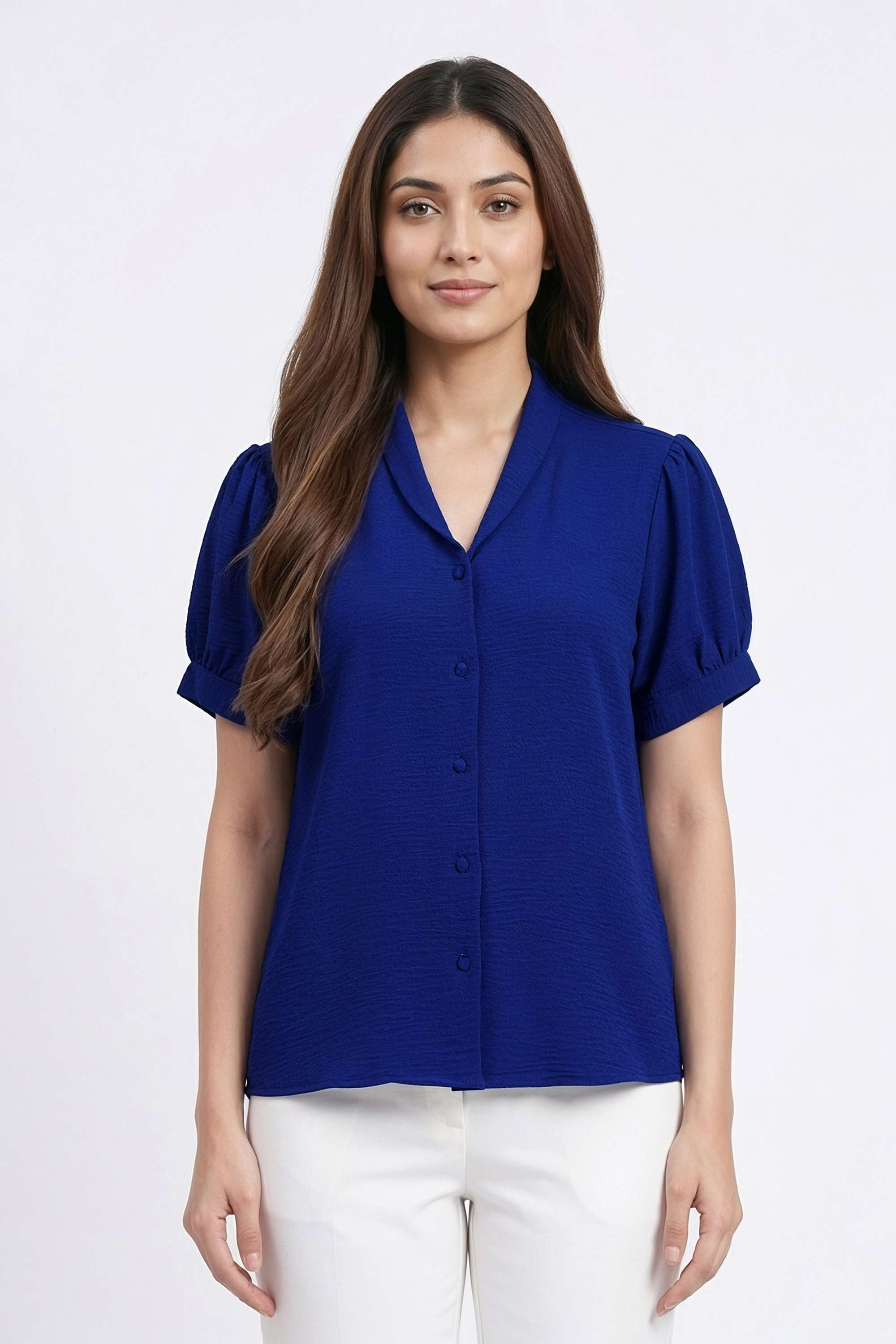Solid-Polyester-Collared-Women-s-Top