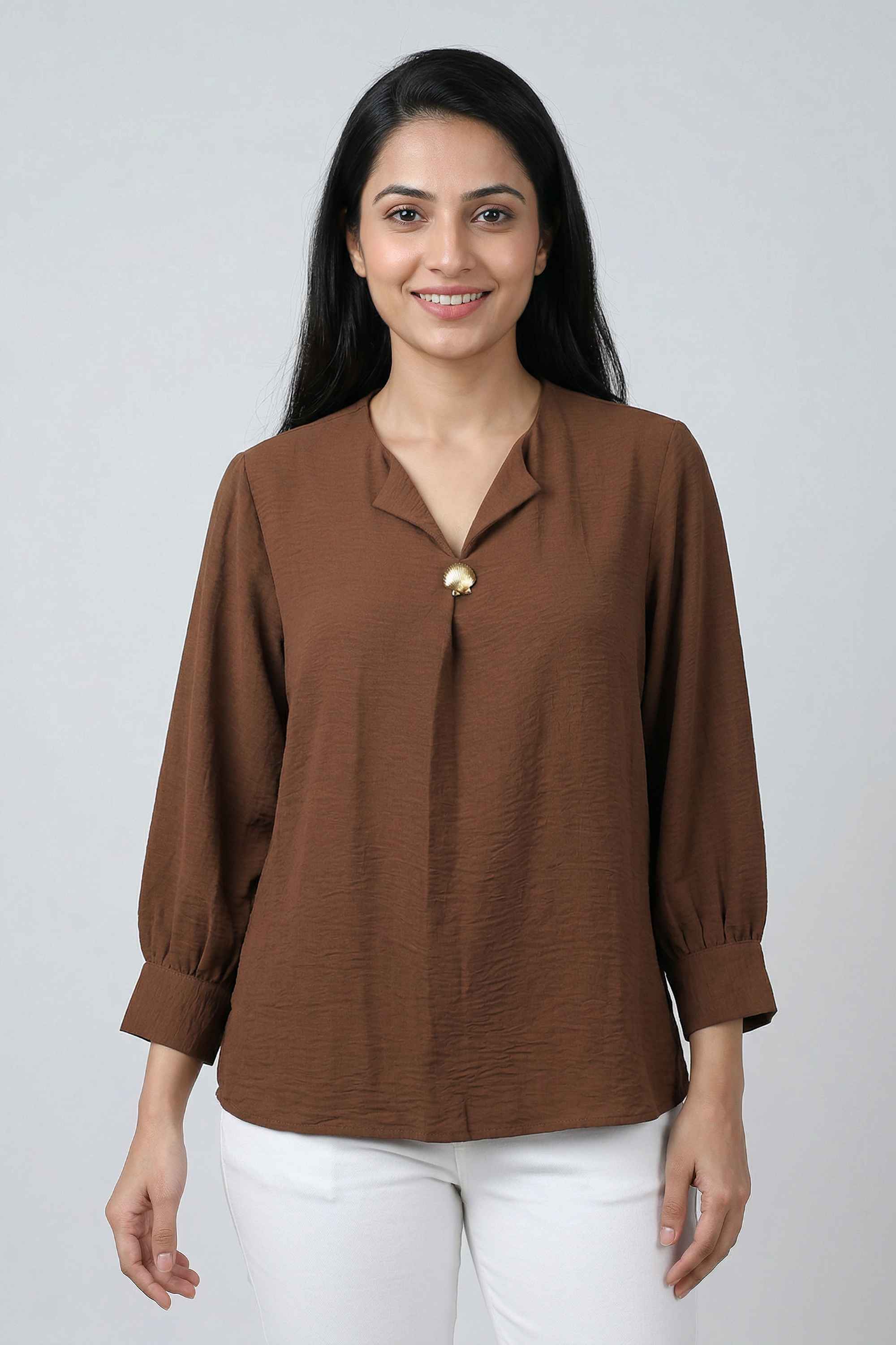 Solid-Polyester-V-Neck-Women-s-Top
